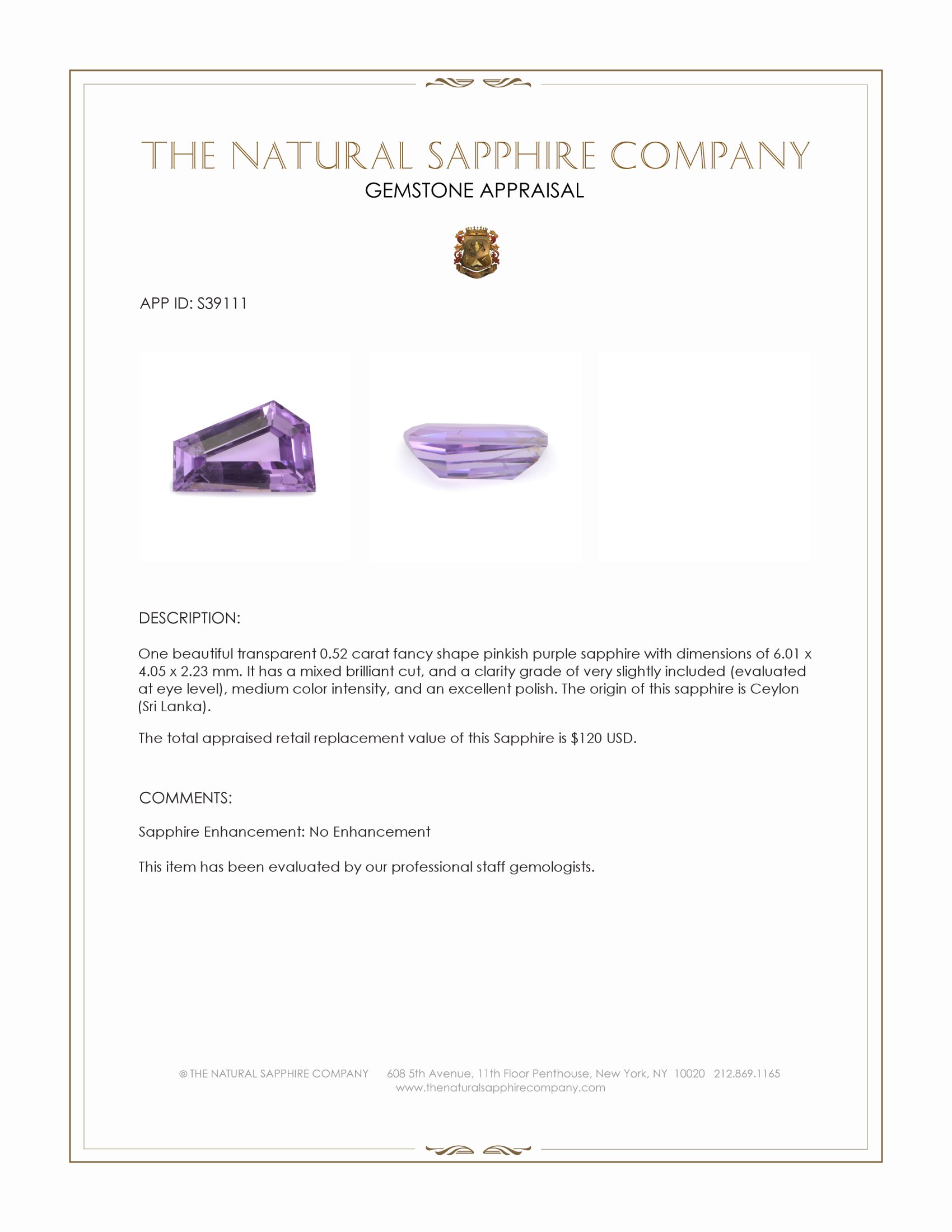 0.52 Ct. Pinkish Purple Sapphire from Ceylon (Sri Lanka)