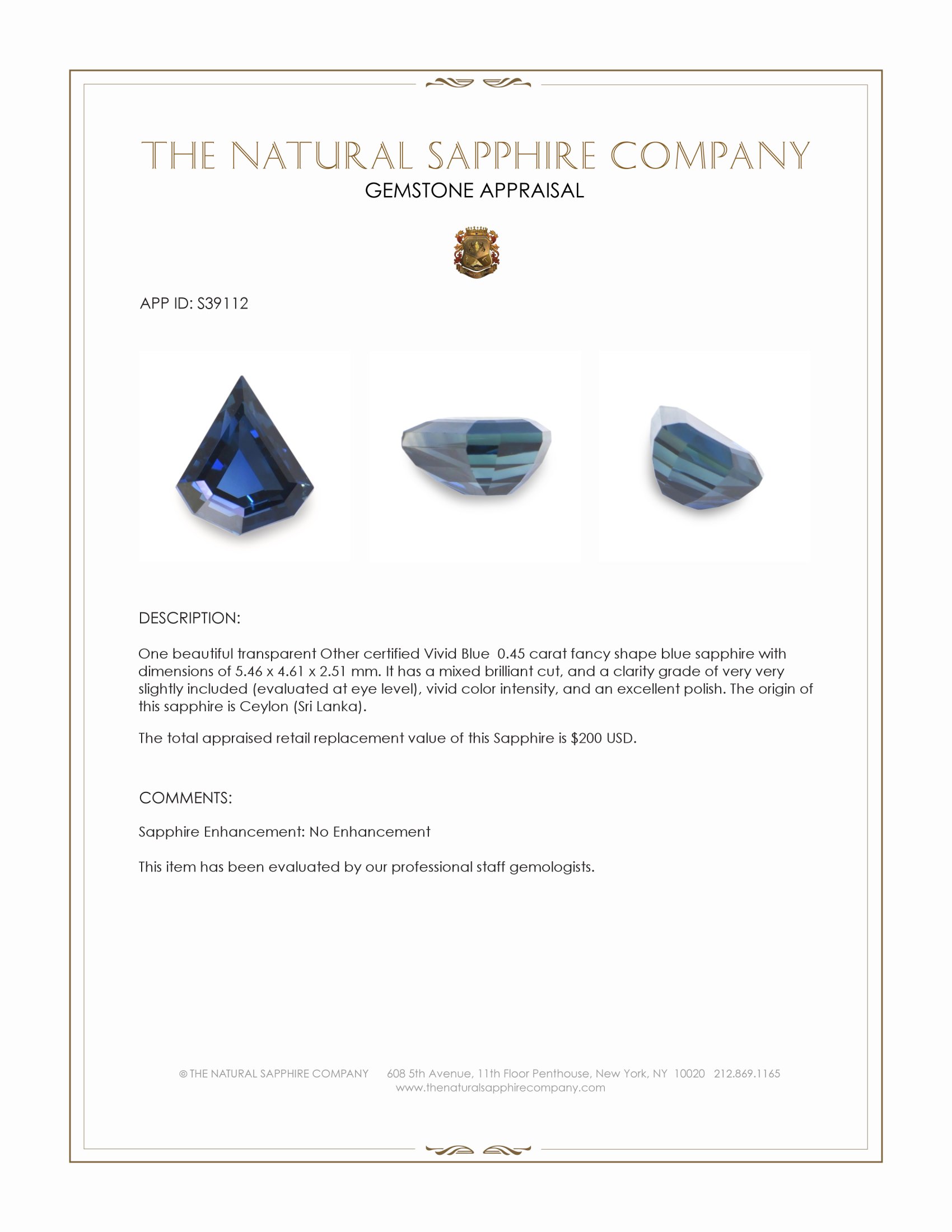 0.45 Ct. Blue Sapphire from Ceylon (Sri Lanka)