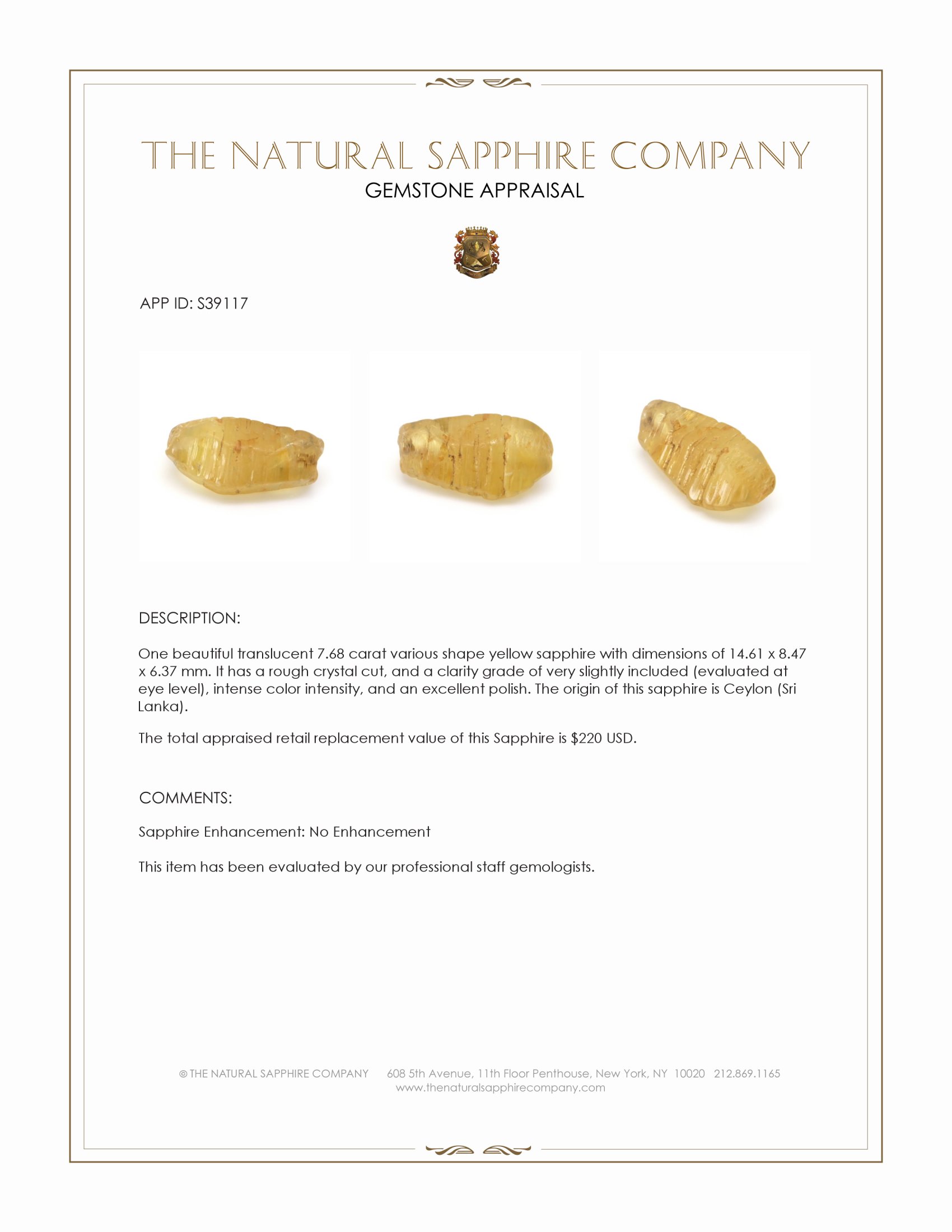 7.68 Ct. Yellow Sapphire Crystal from Ceylon (Sri Lanka)