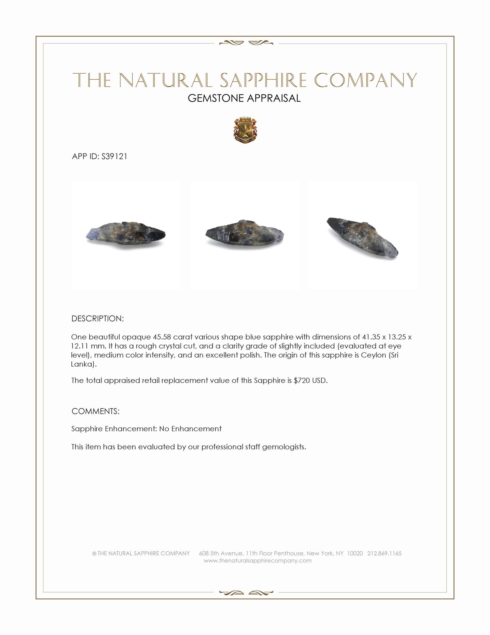 45.58 Ct. Blue Sapphire Crystal from Ceylon (Sri Lanka)