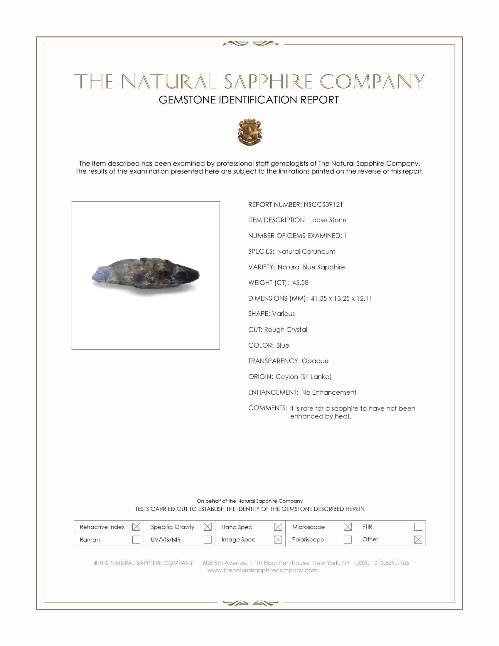 45.58 Ct. Blue Sapphire Crystal from Ceylon (Sri Lanka)