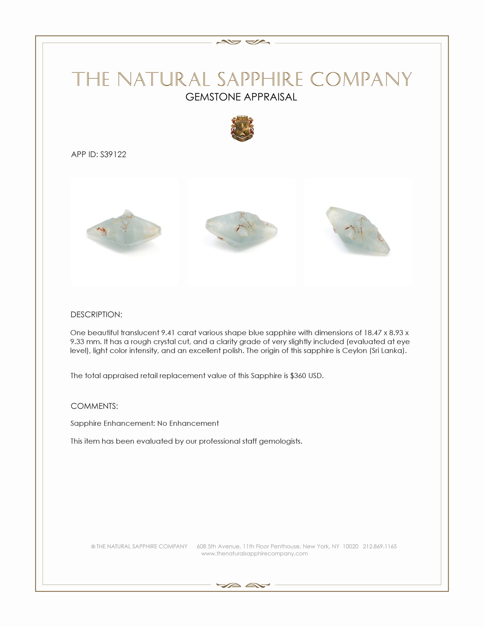 9.41 Ct. Blue Sapphire Crystal from Ceylon (Sri Lanka)