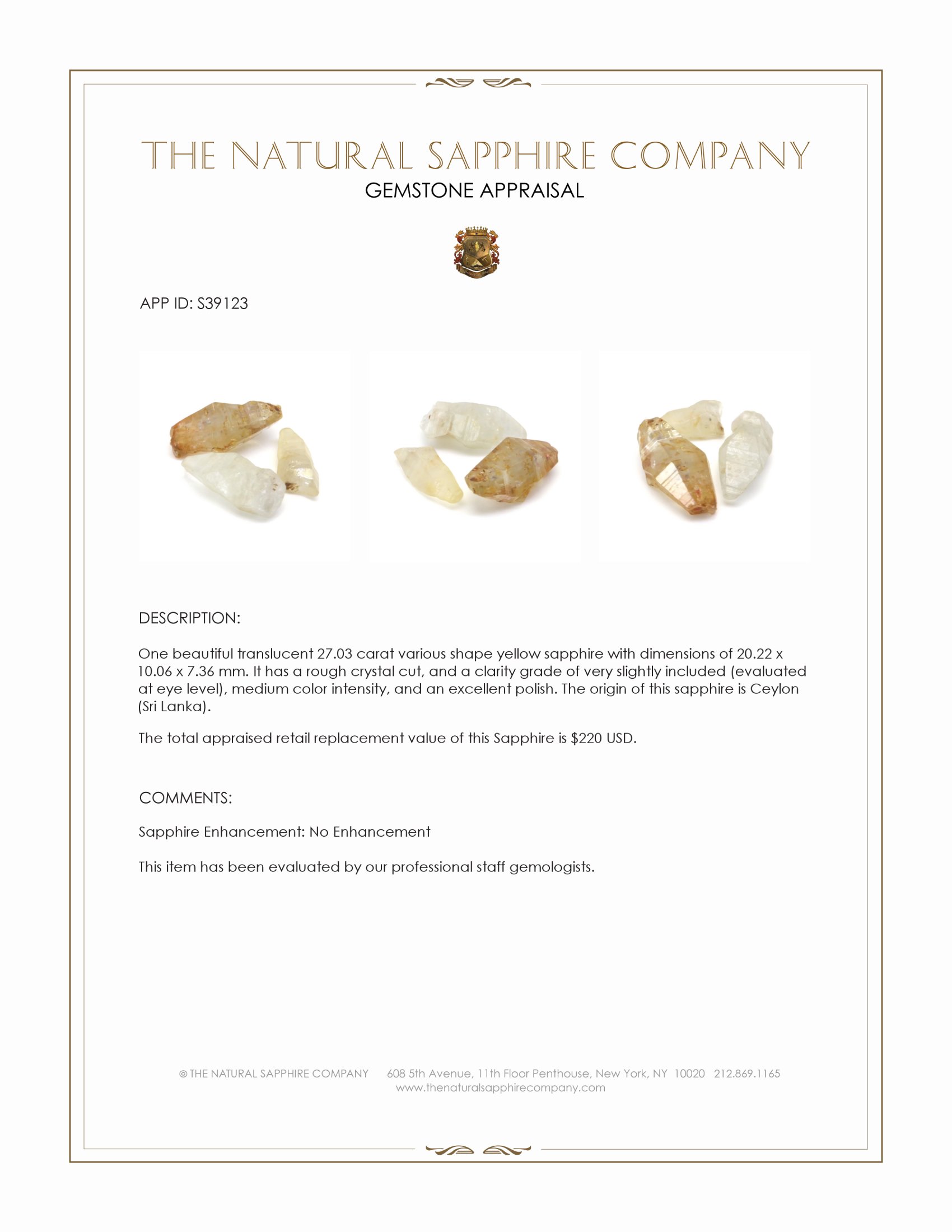 27.03 Ct. Yellow Sapphire Crystal from Ceylon (Sri Lanka)