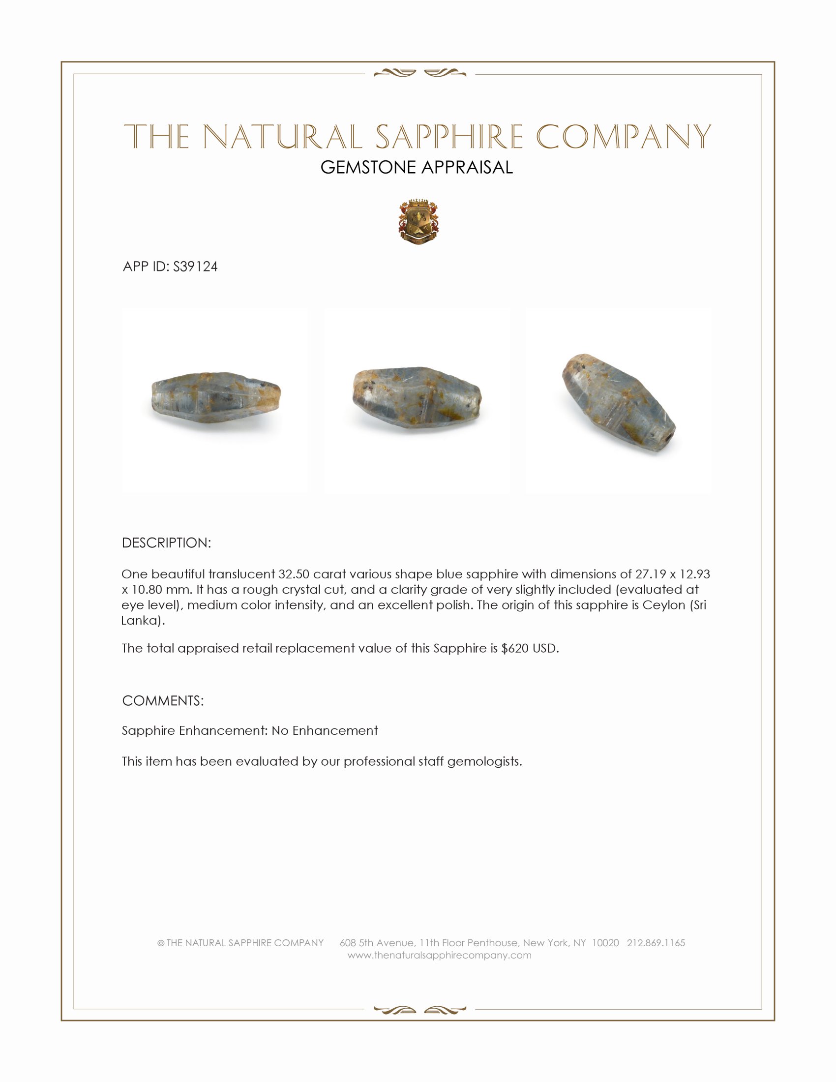 32.50 Ct. Blue Sapphire Crystal from Ceylon (Sri Lanka)