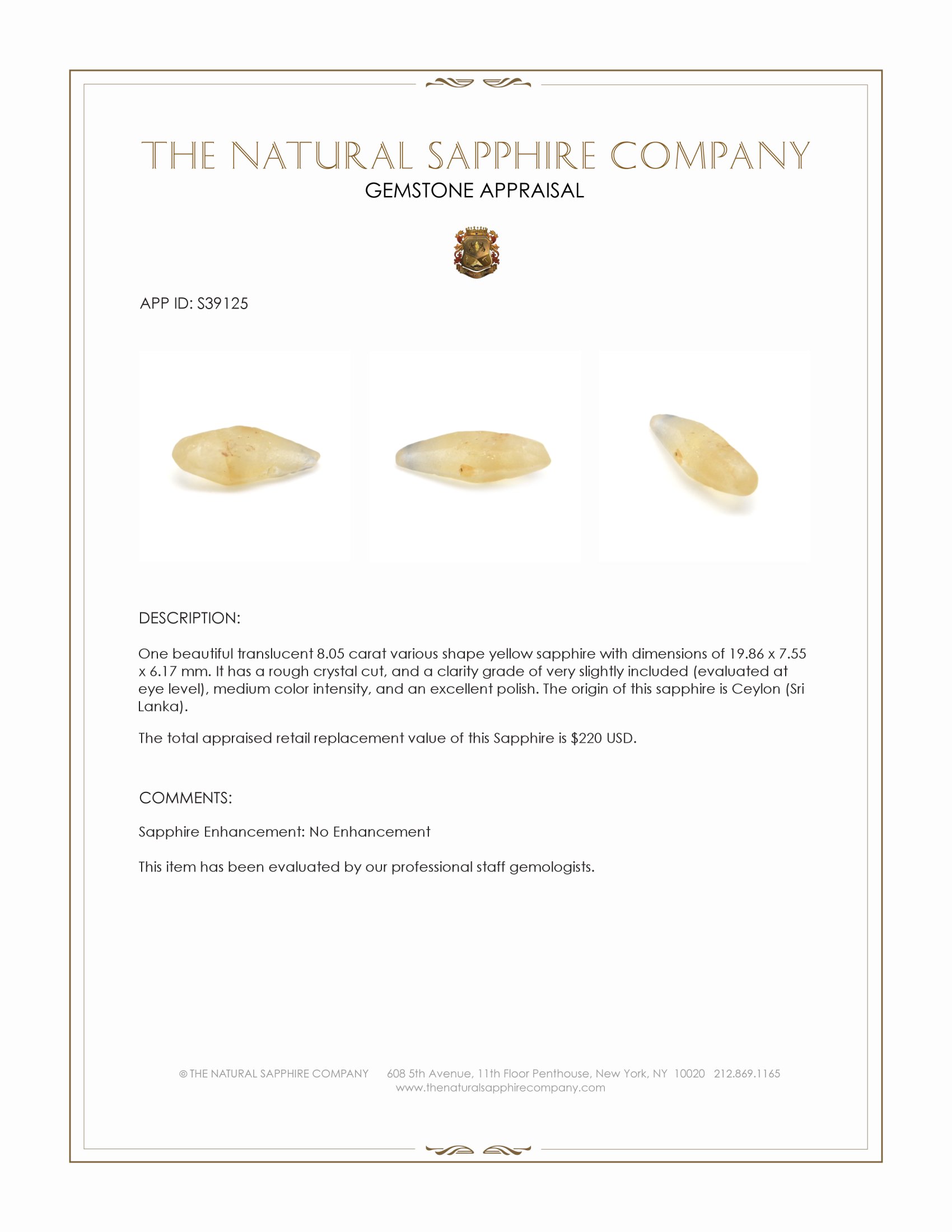 8.05 Ct. Yellow Sapphire Crystal from Ceylon (Sri Lanka)