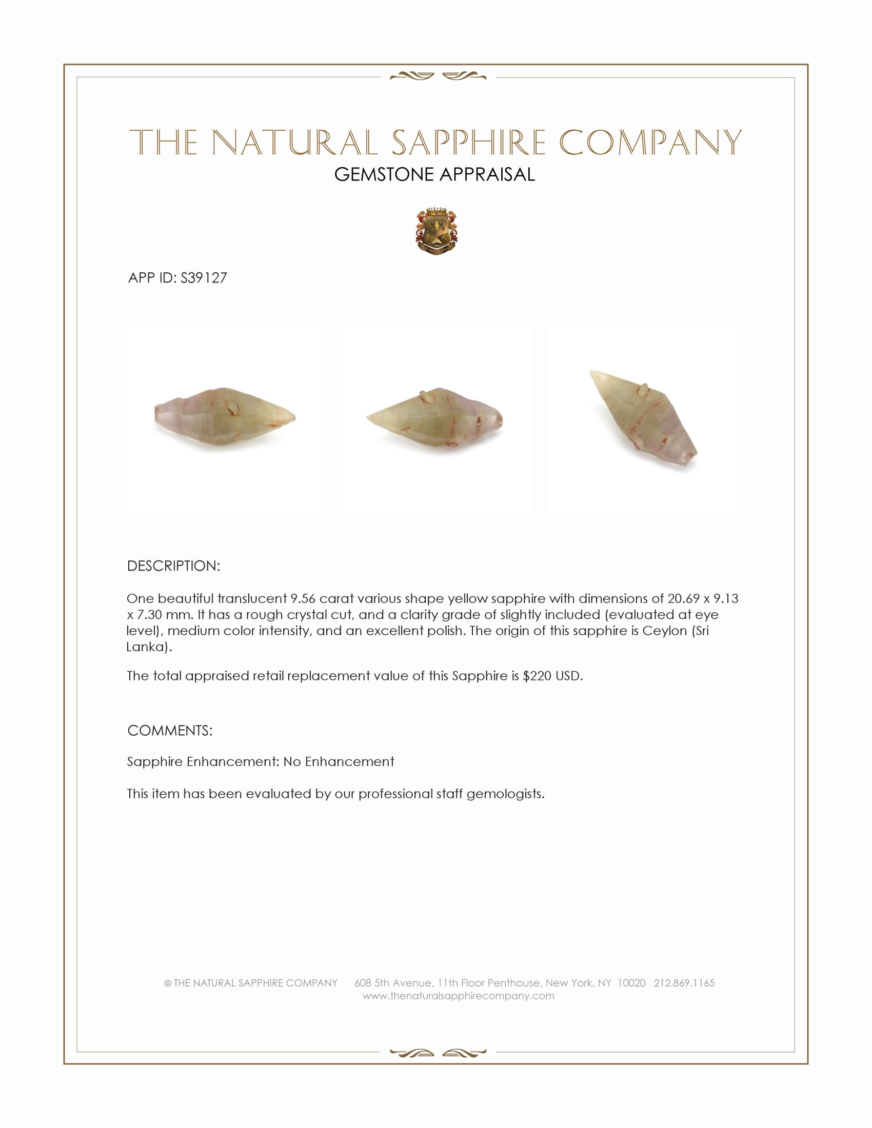 9.56 Ct. Yellow Sapphire Crystal from Ceylon (Sri Lanka)