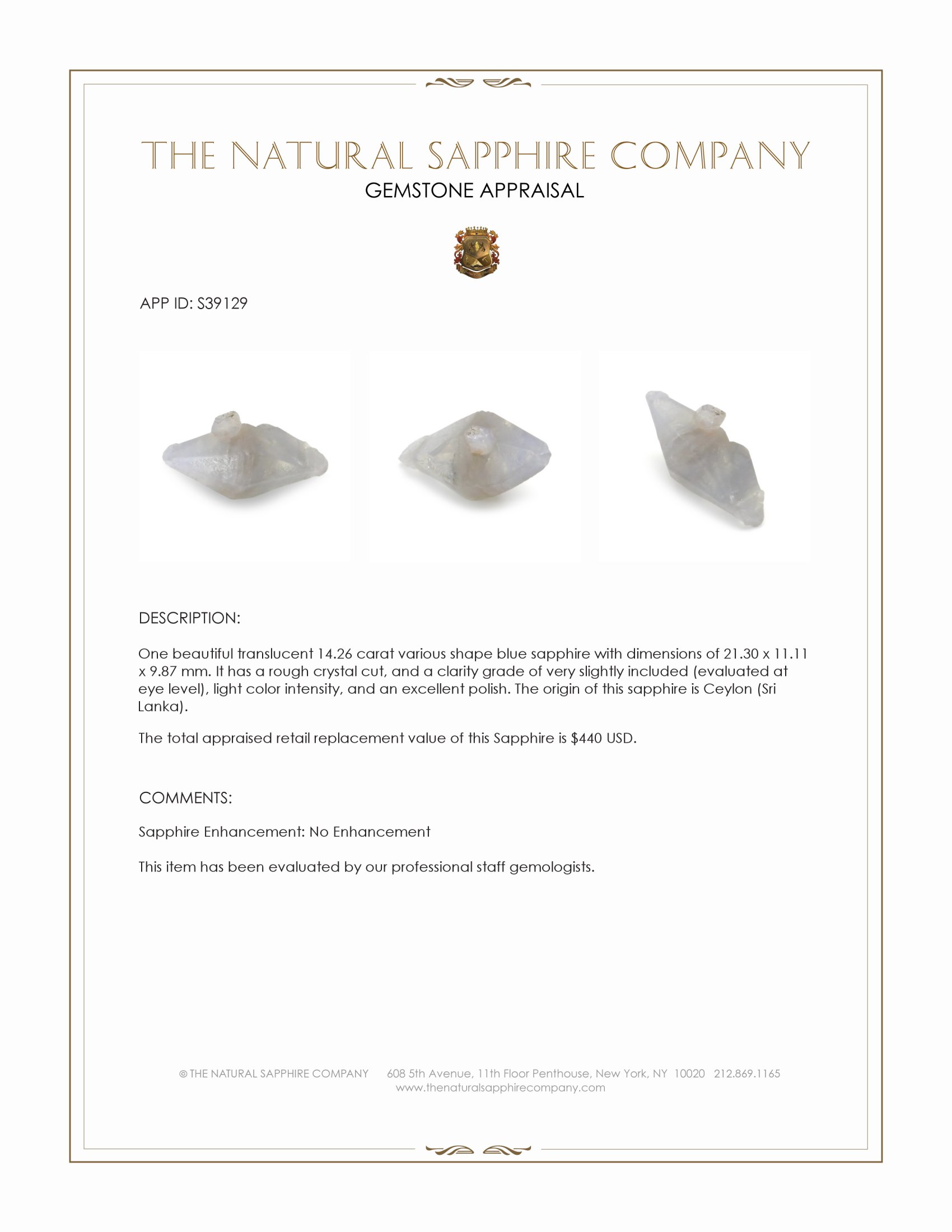 14.26 Ct. Blue Sapphire Crystal from Ceylon (Sri Lanka)