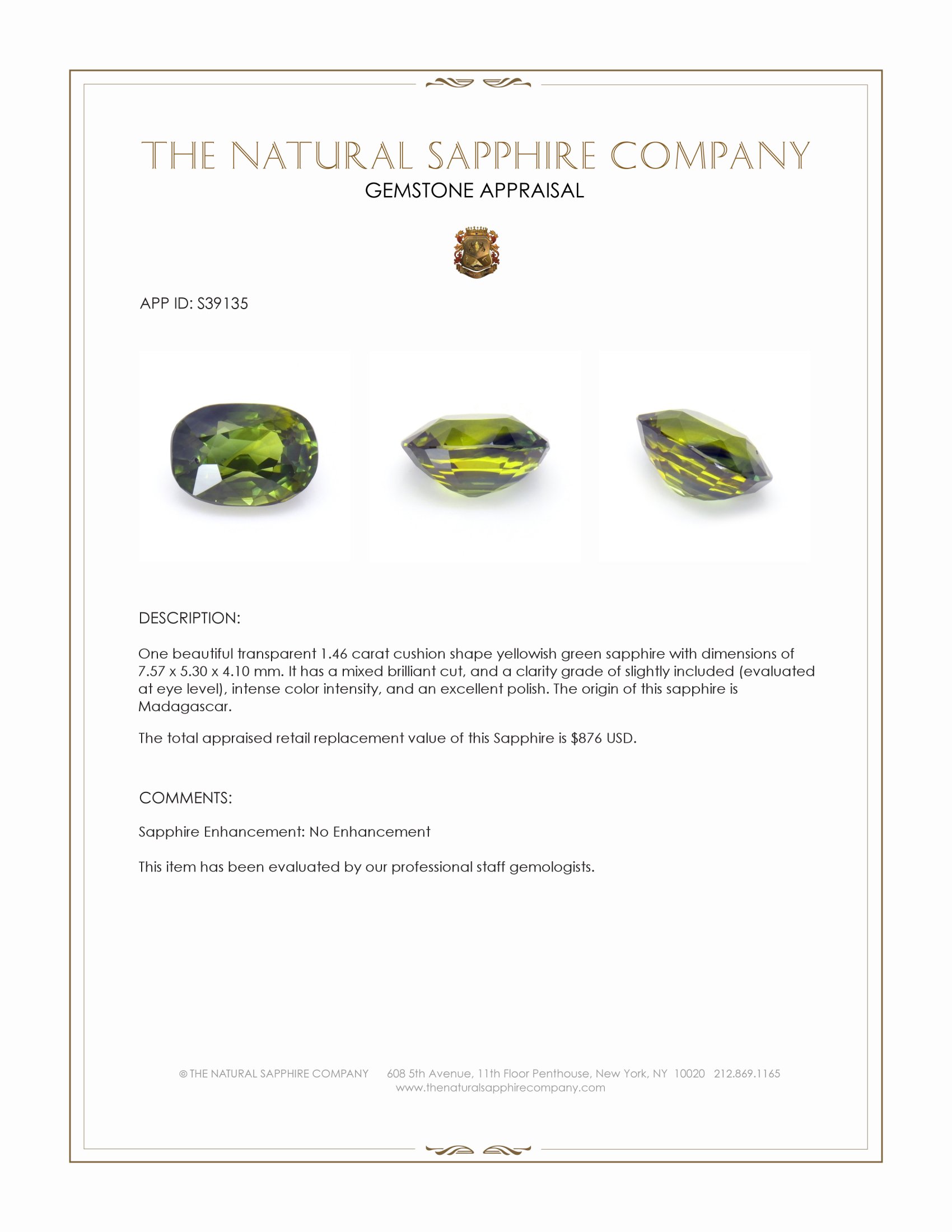 1.46 Ct. Yellowish Green Sapphire from Madagascar