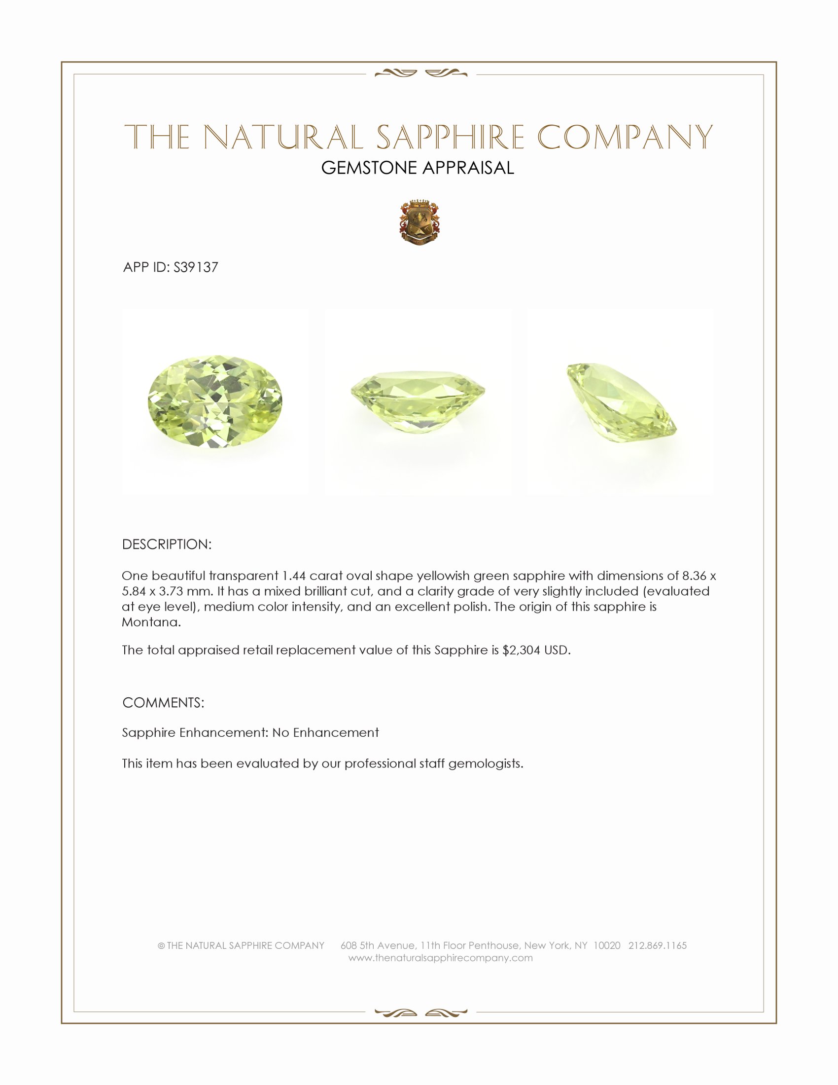 1.44 Ct. Yellowish Green Sapphire from Montana