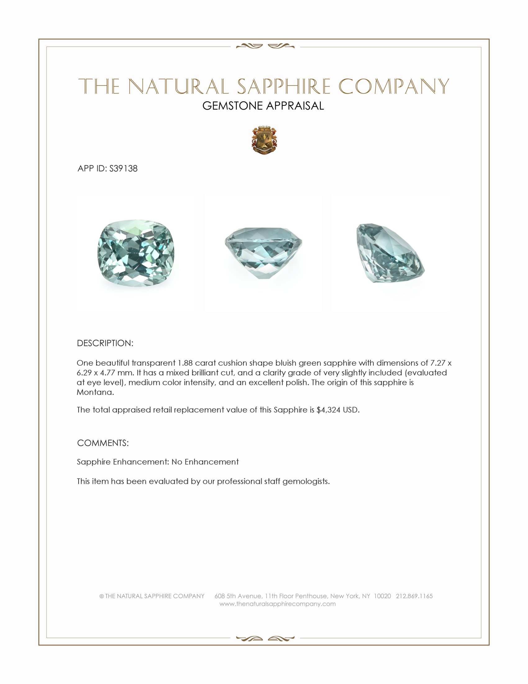 1.88 Ct. Bluish Green Sapphire from Montana