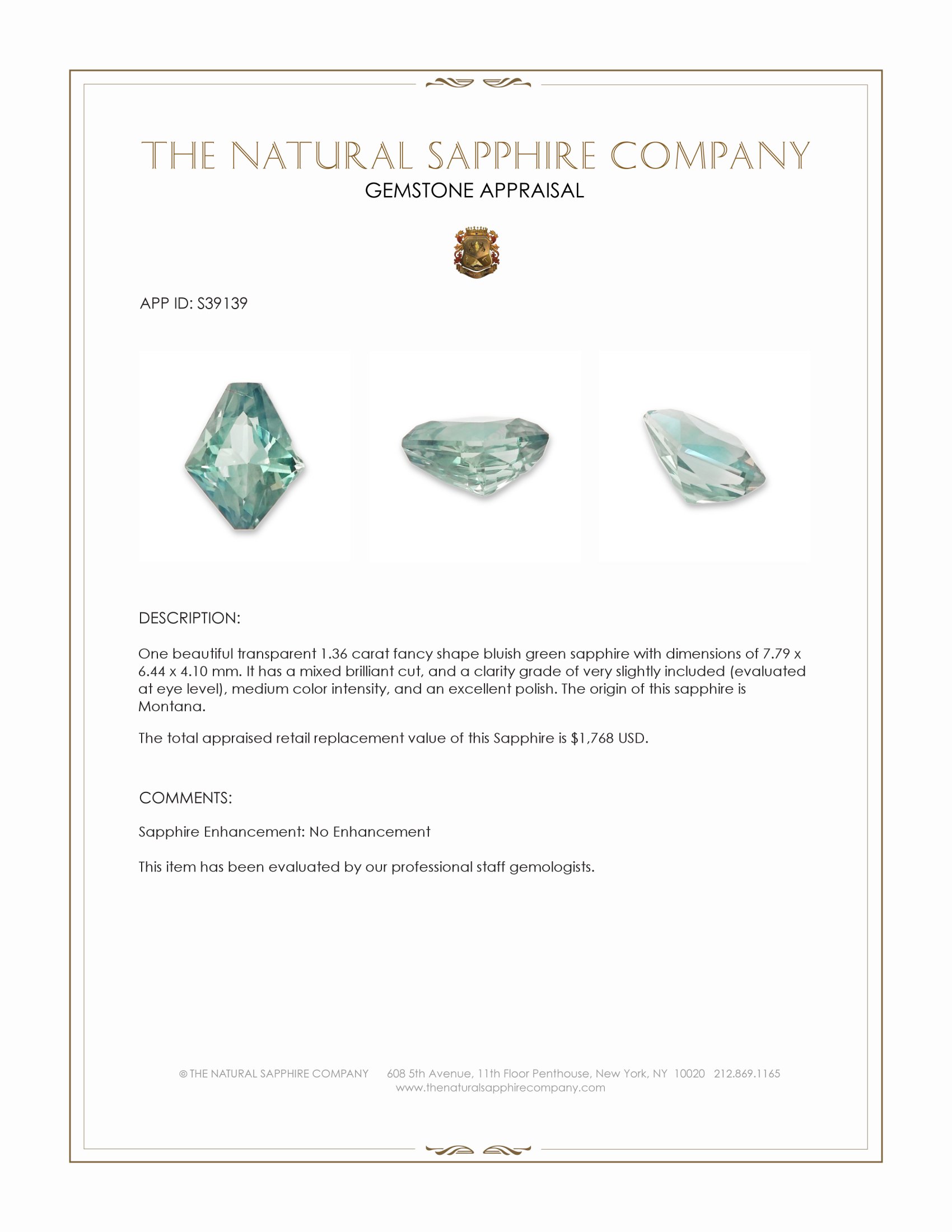1.36 Ct. Bluish Green Sapphire from Montana