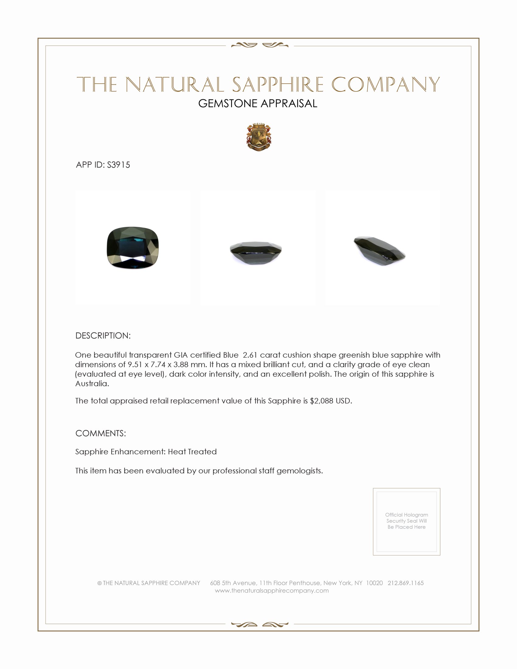 2.61 Ct. Greenish Blue Sapphire from Australia