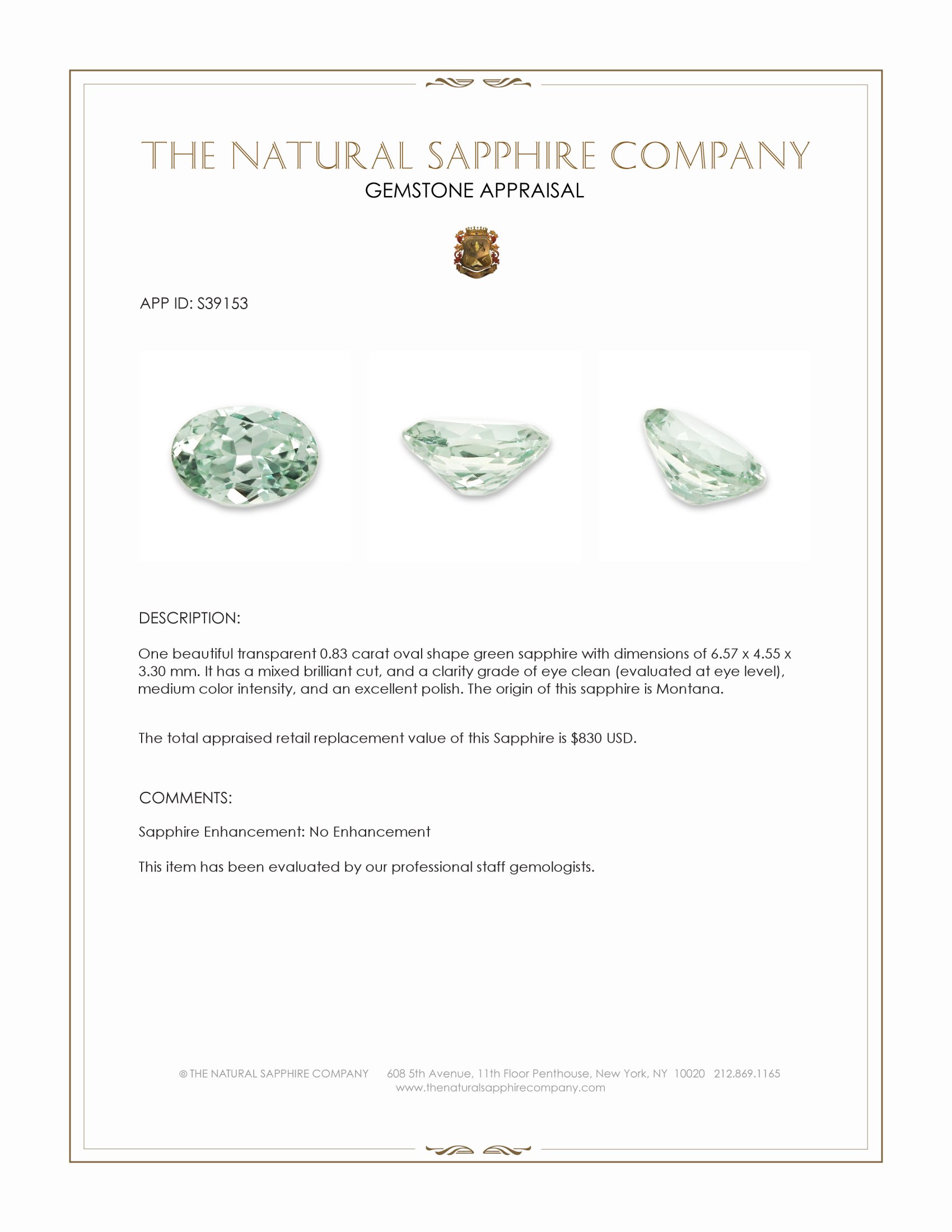 0.83 Ct. Green Sapphire from Montana