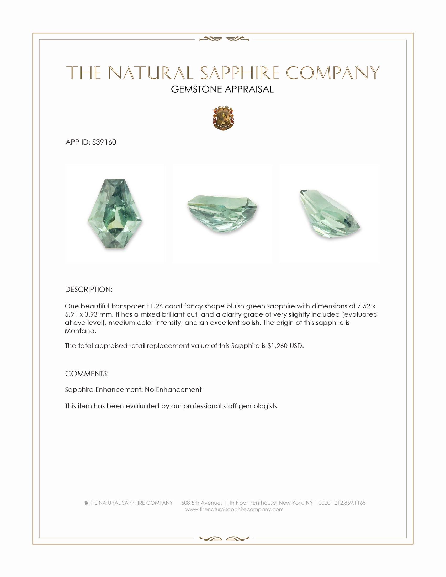 1.26 Ct. Bluish Green Sapphire from Montana