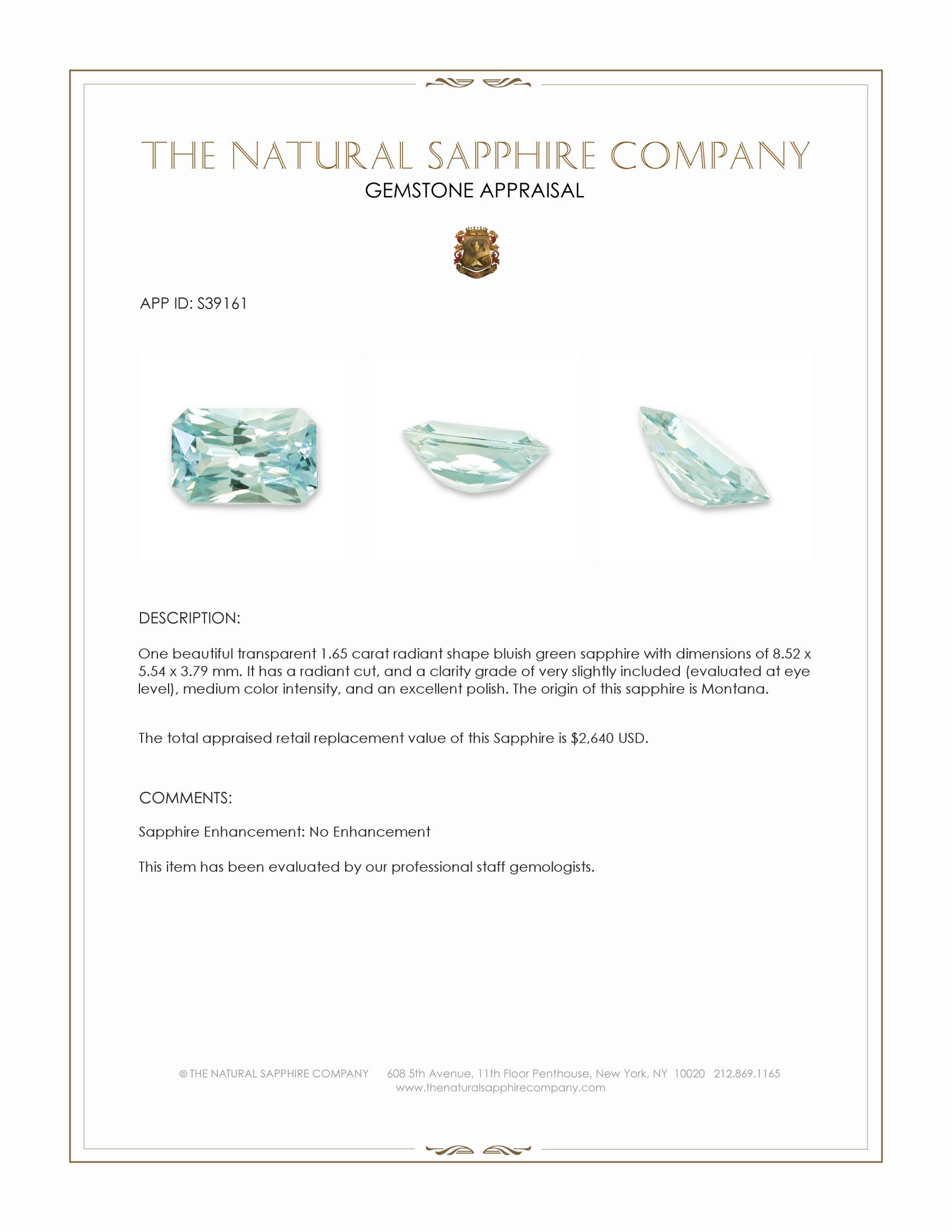 1.65 Ct. Bluish Green Sapphire from Montana