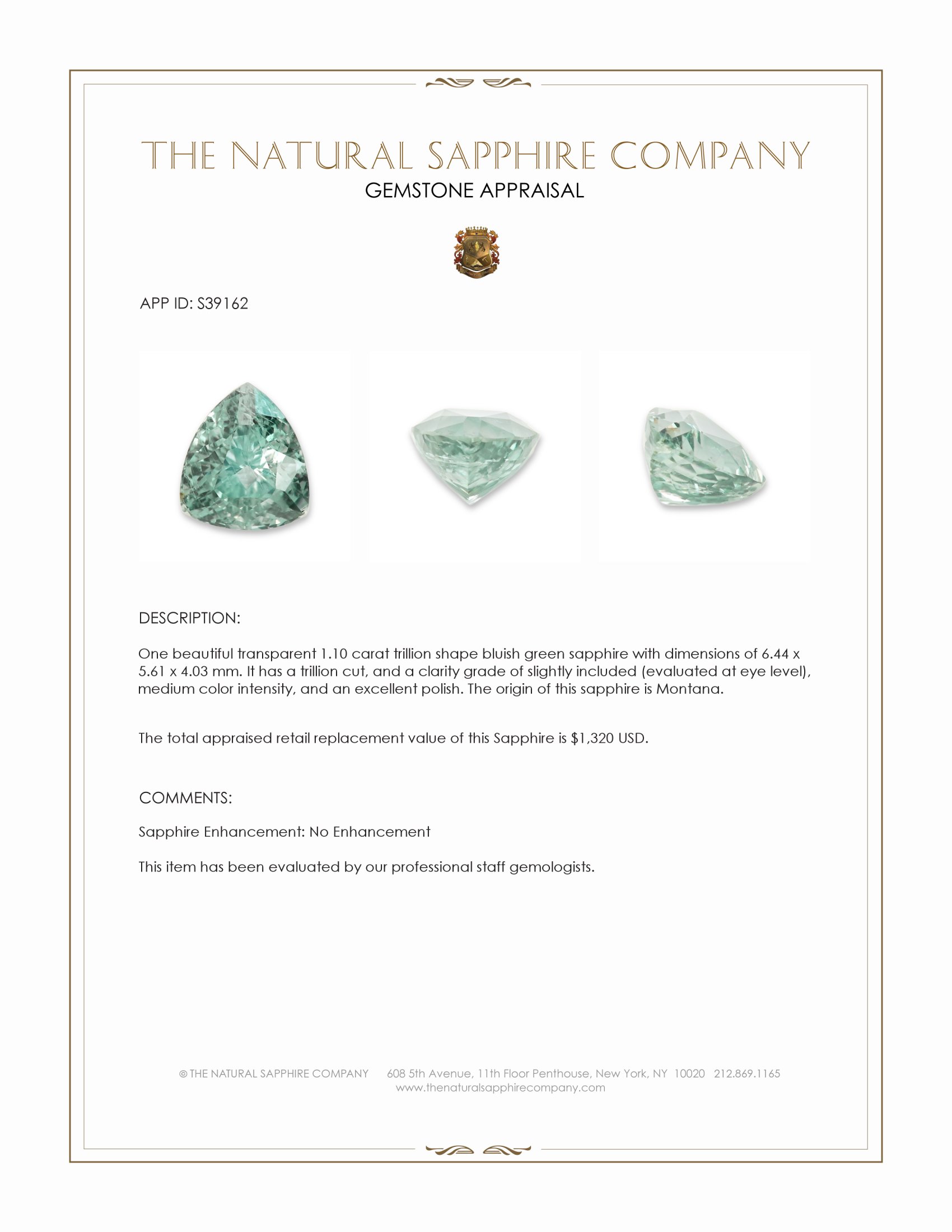 1.10 Ct. Bluish Green Sapphire from Montana