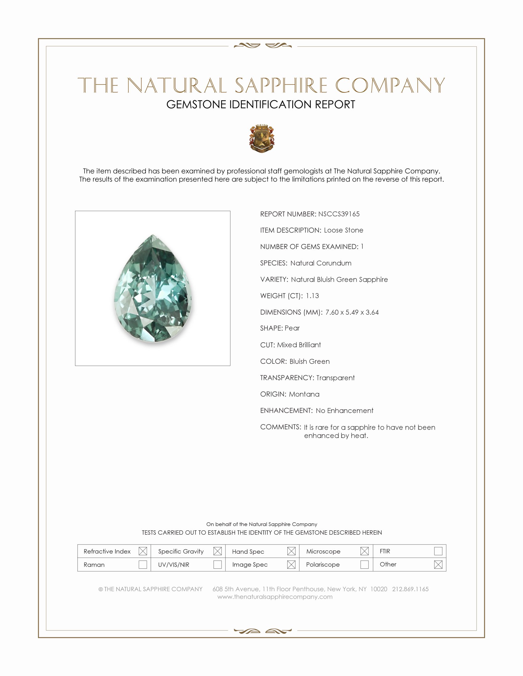 1.13 Ct. Bluish Green Sapphire from Montana