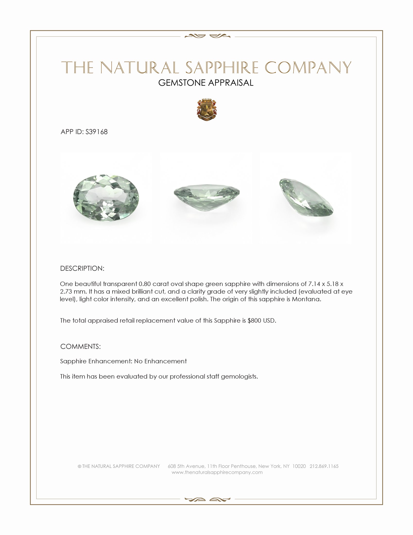 0.80 Ct. Green Sapphire from Montana