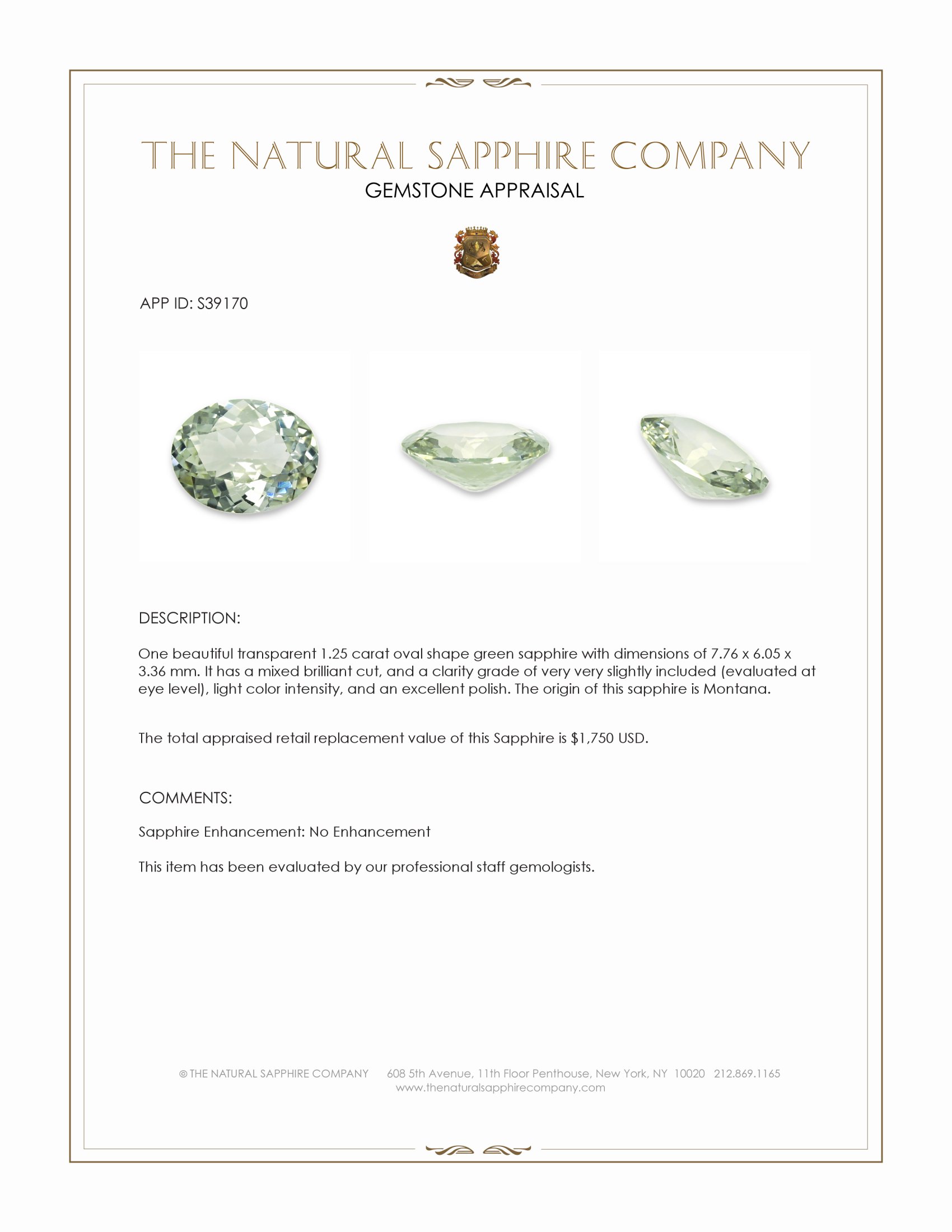 1.25 Ct. Green Sapphire from Montana