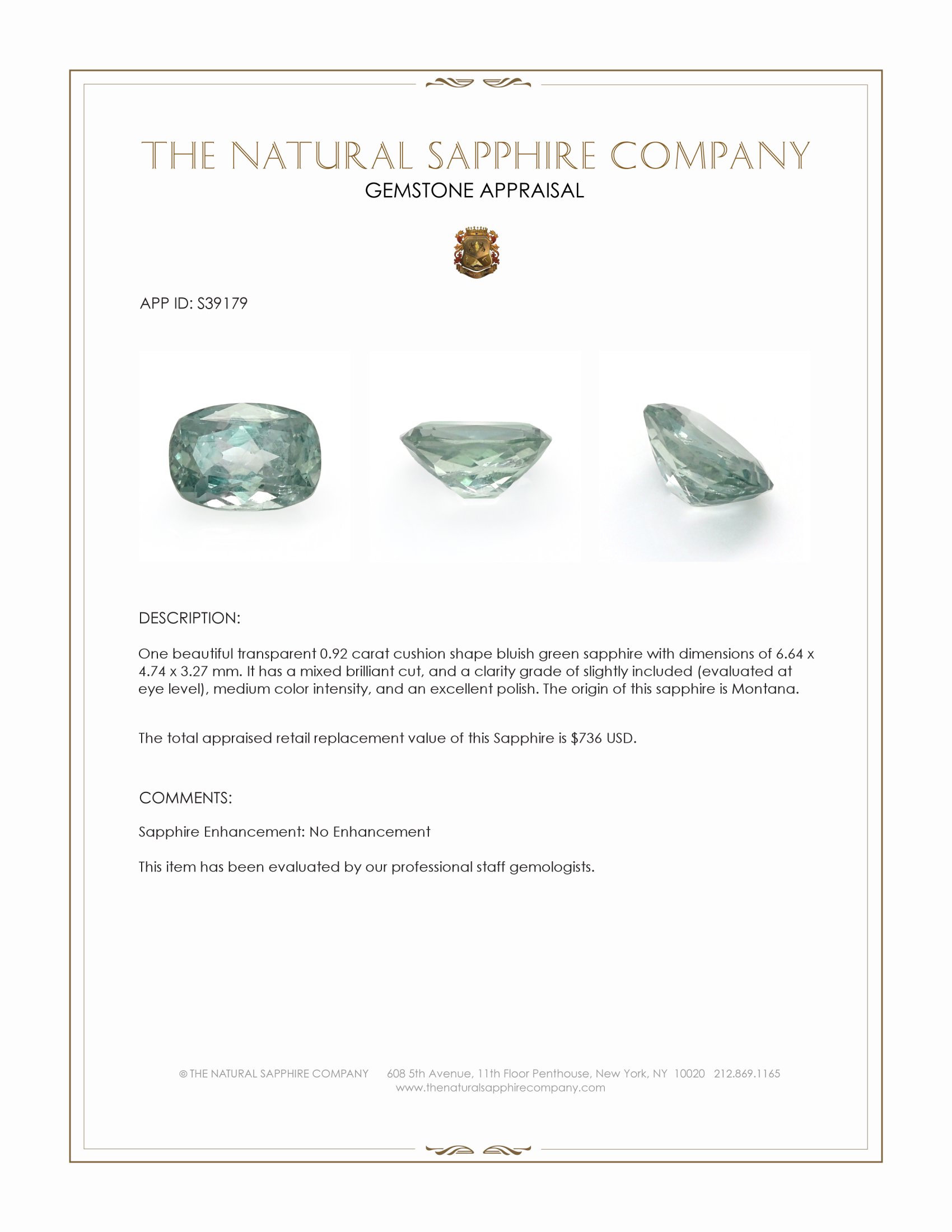 0.92 Ct. Bluish Green Sapphire from Montana