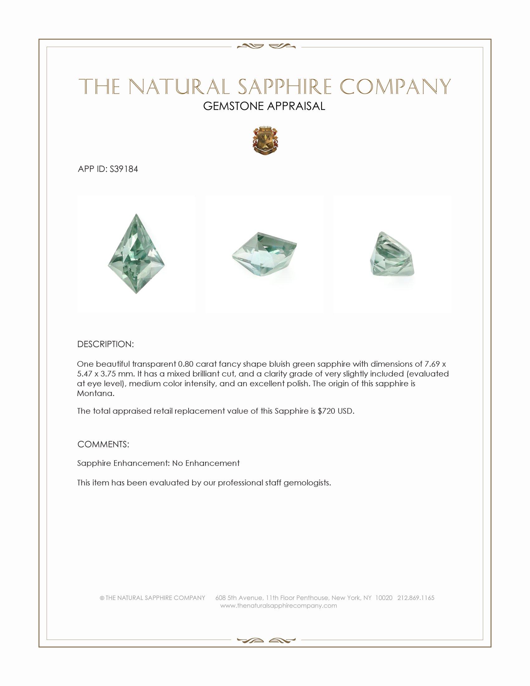 0.80 Ct. Bluish Green Sapphire from Montana