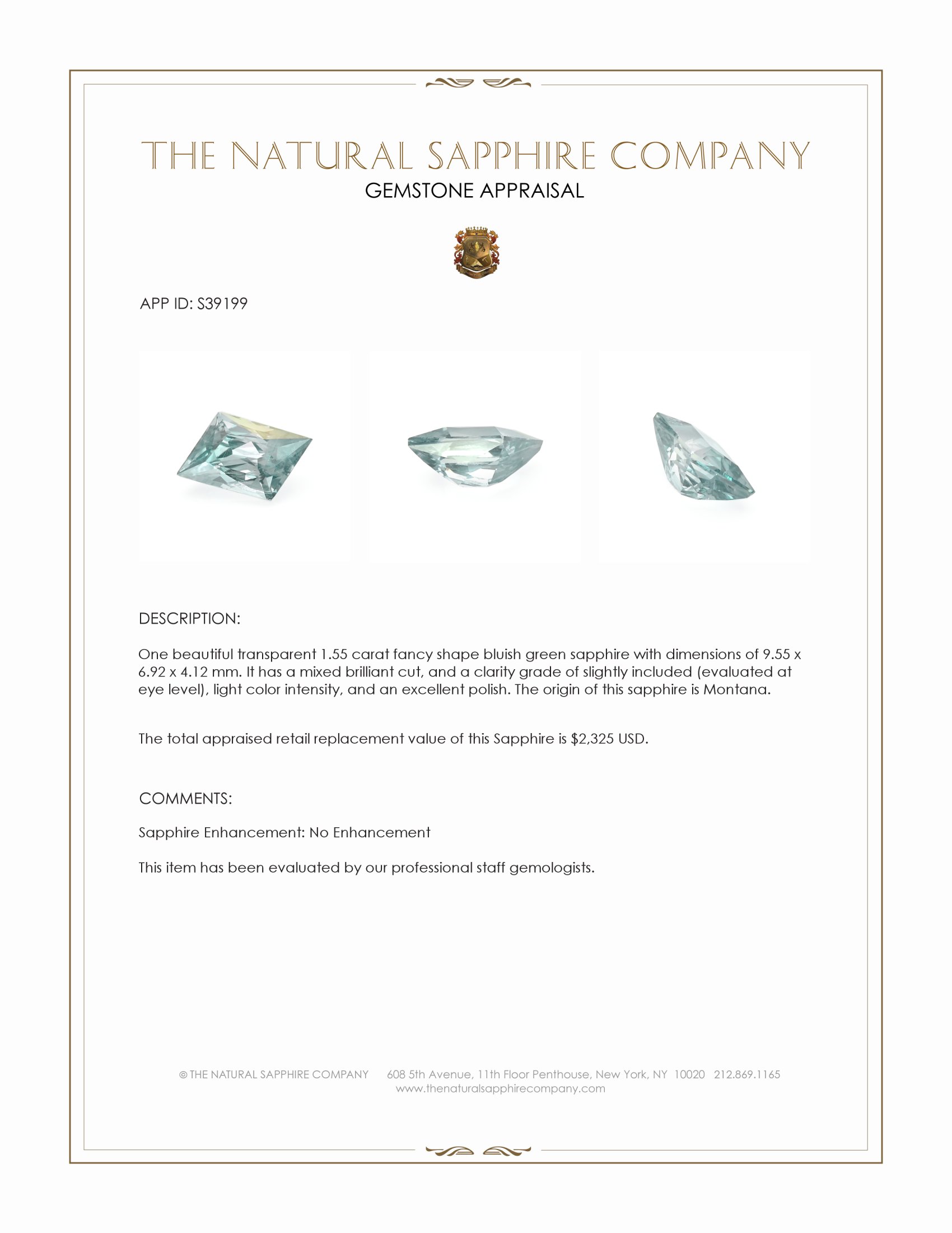 1.55 Ct. Bluish Green Sapphire from Montana