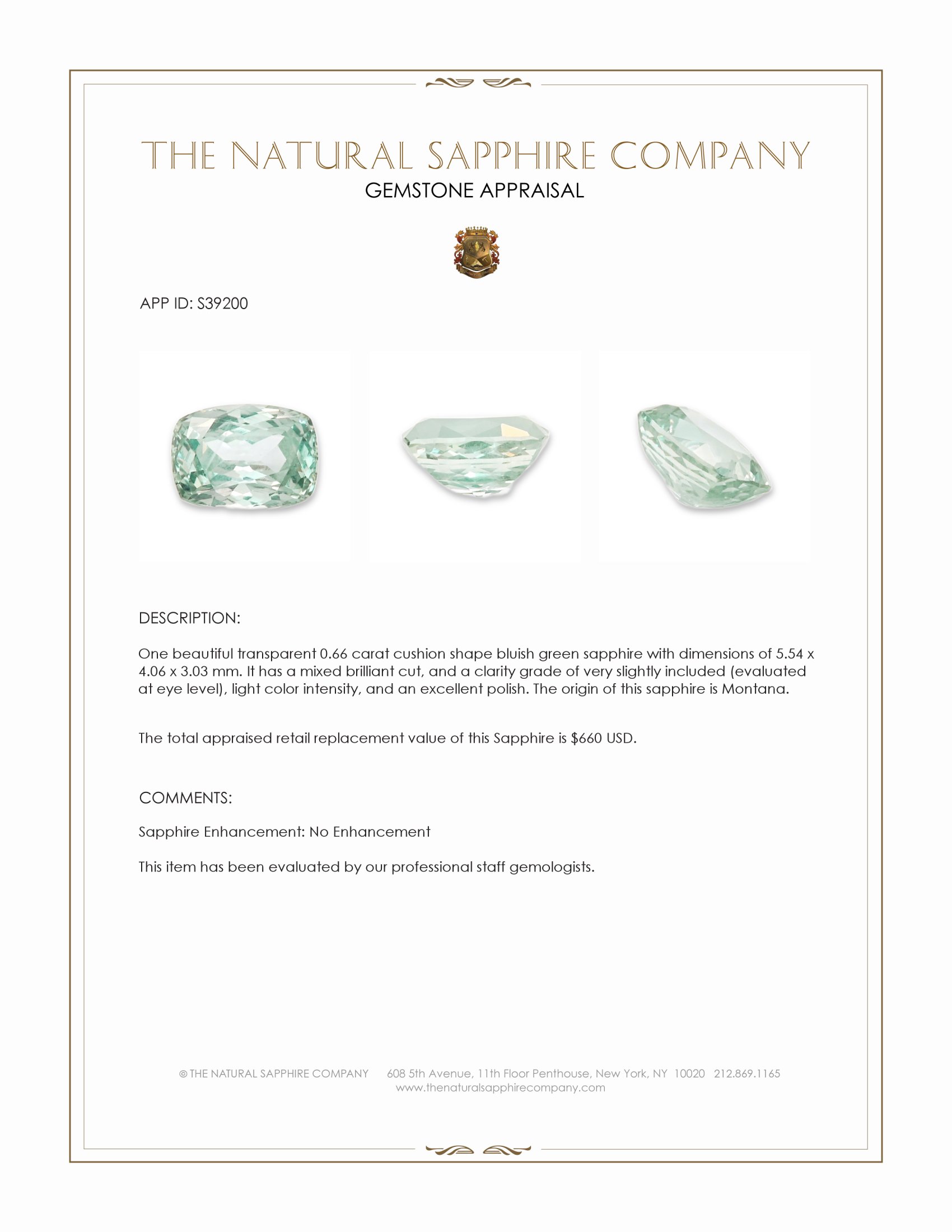 0.66 Ct. Bluish Green Sapphire from Montana