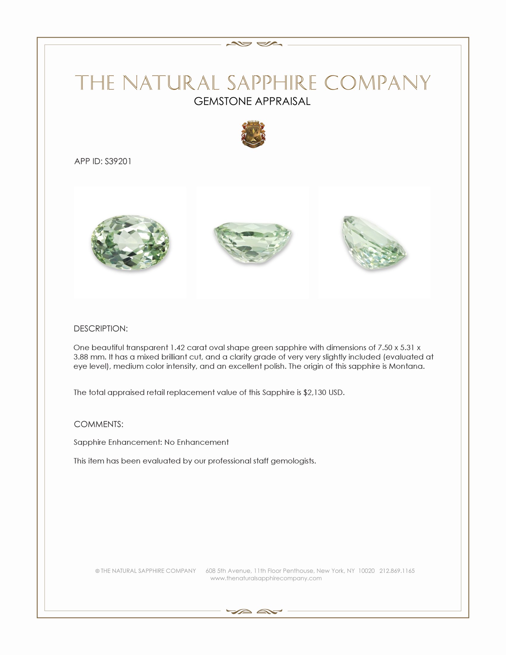1.42 Ct. Green Sapphire from Montana