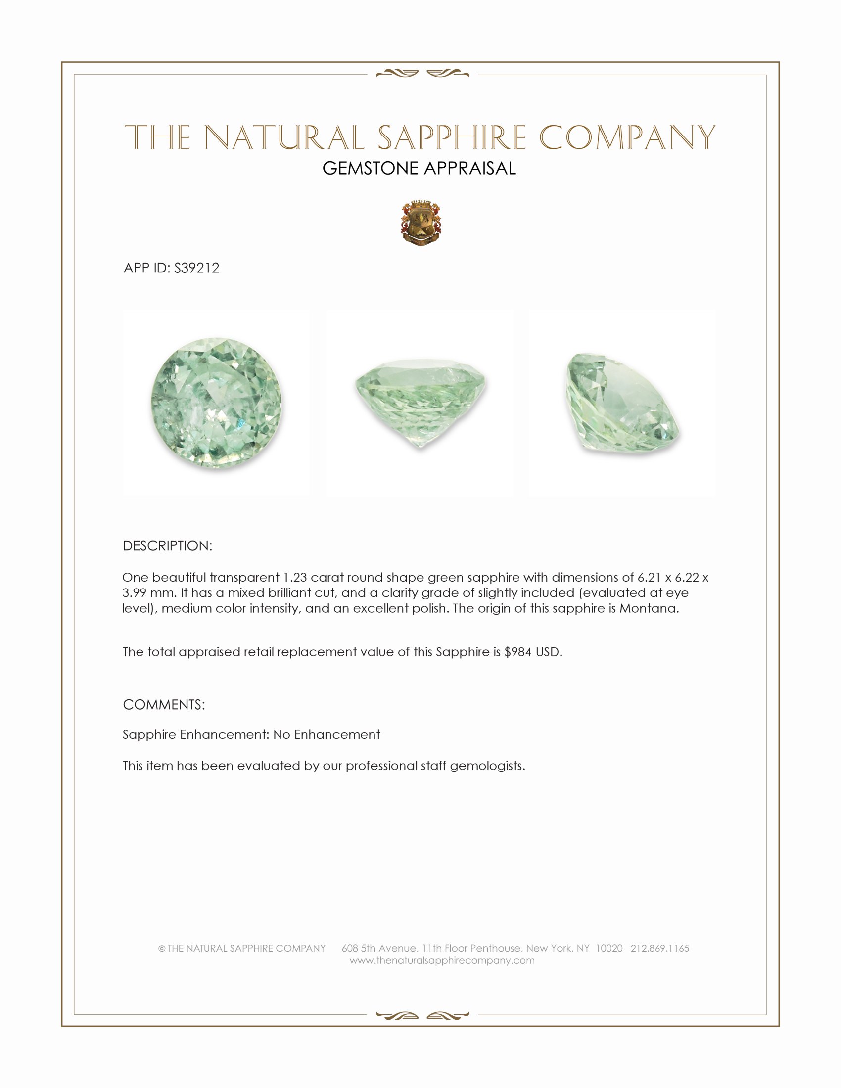 1.23 Ct. Green Sapphire from Montana
