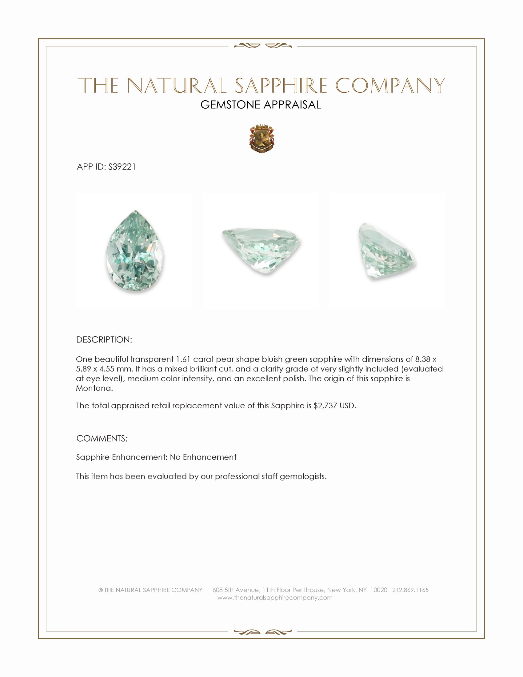 1.61 Ct. Bluish Green Sapphire from Montana