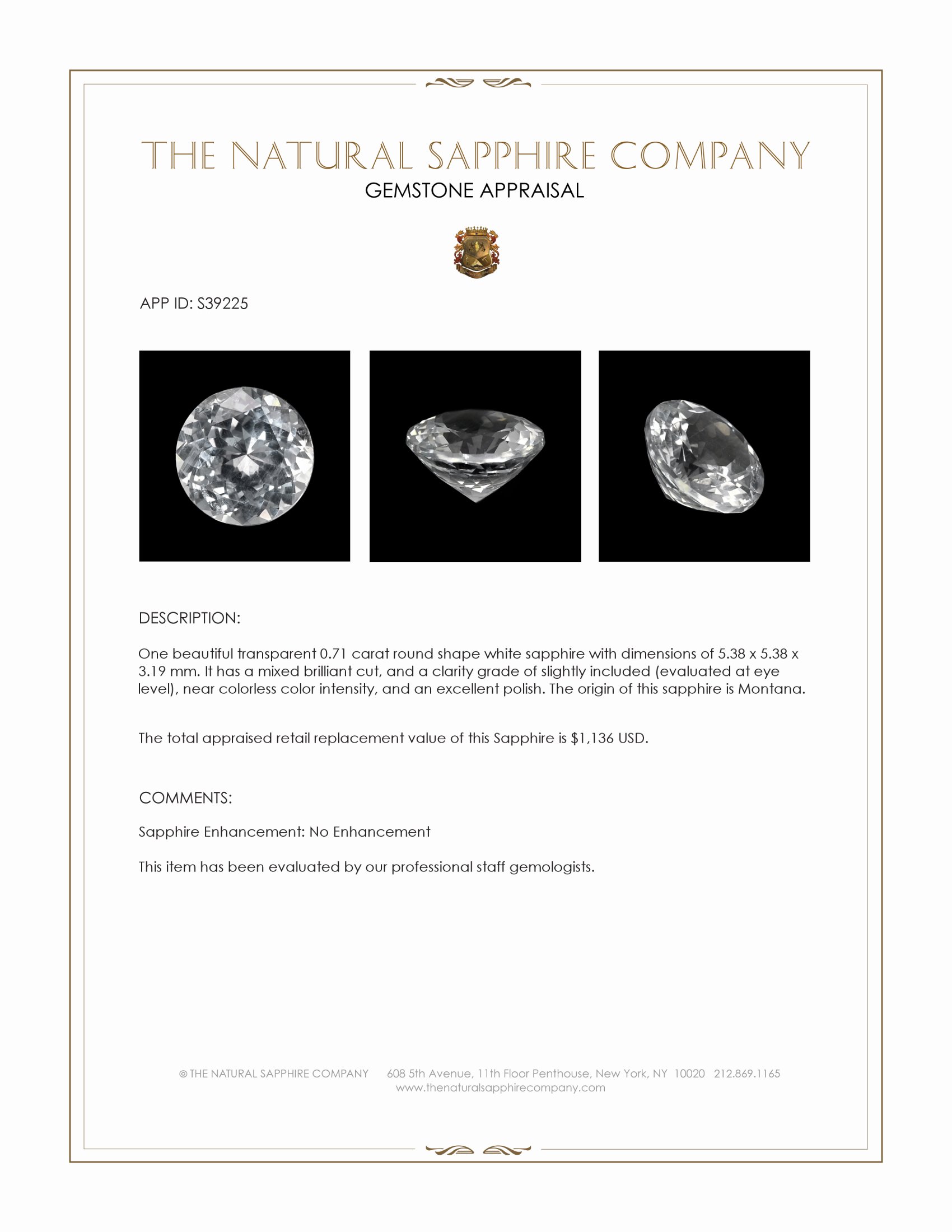 0.71 Ct. White Sapphire from Montana