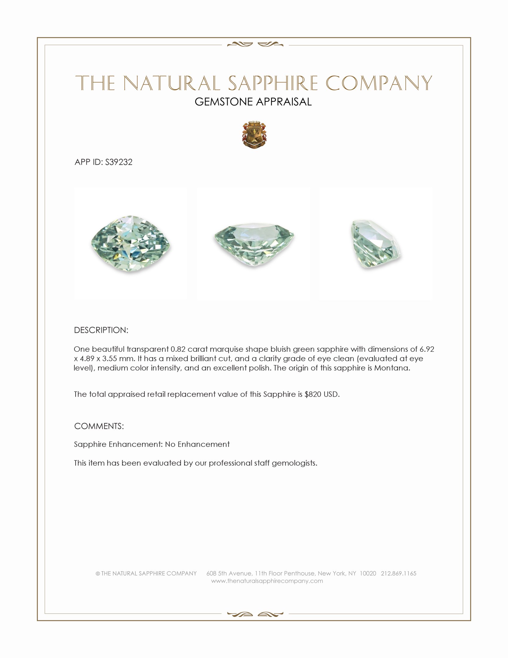 0.82 Ct. Bluish Green Sapphire from Montana