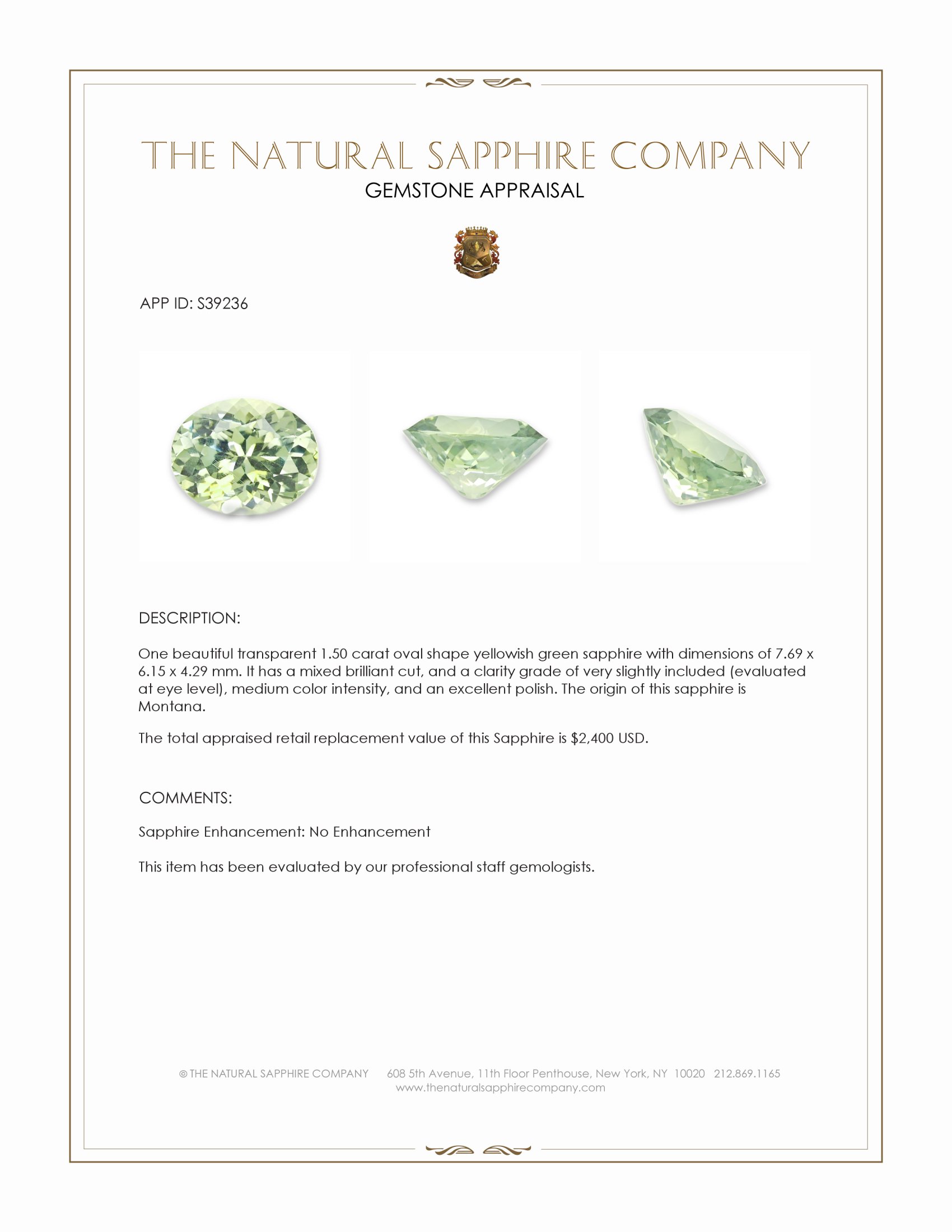 1.50 Ct. Yellowish Green Sapphire from Montana