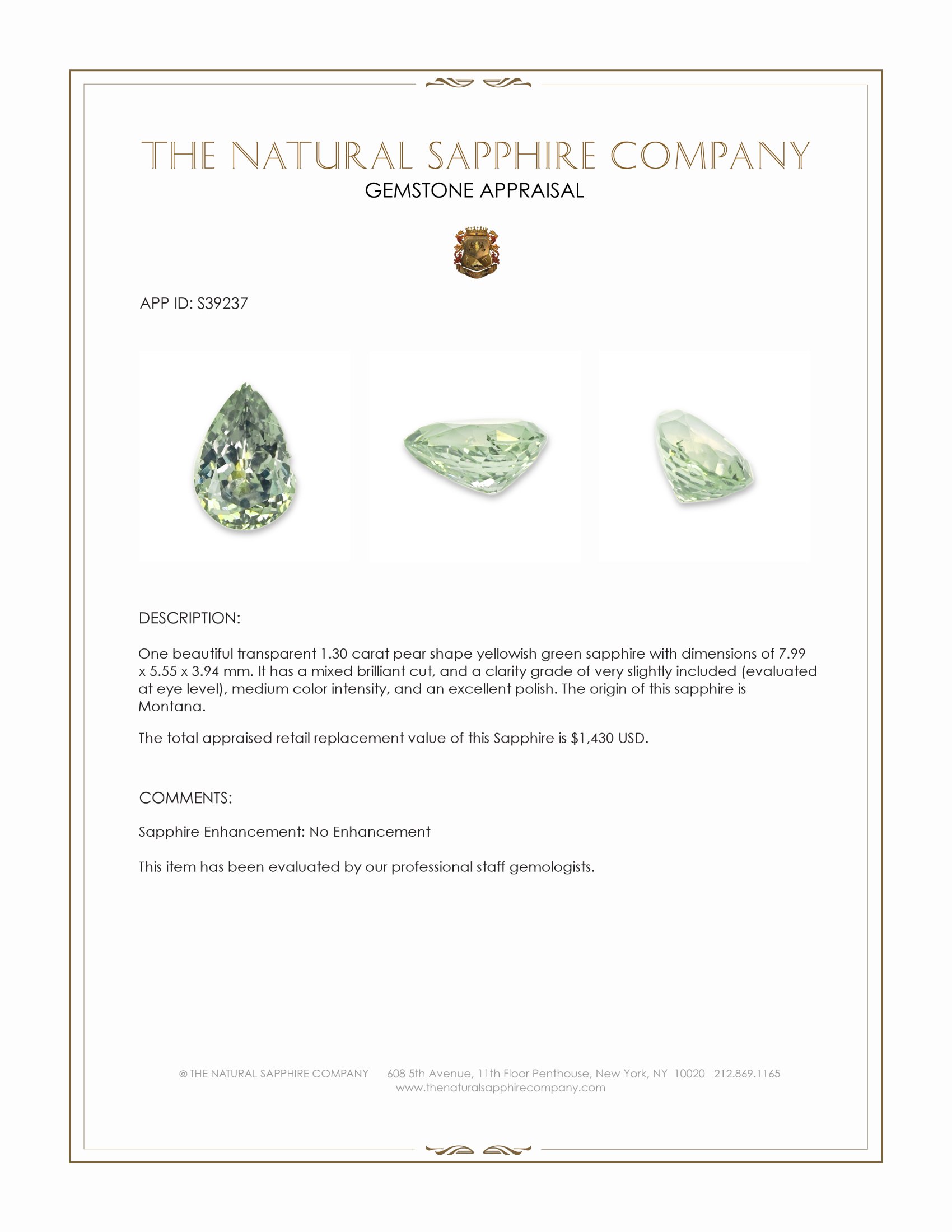 1.30 Ct. Yellowish Green Sapphire from Montana
