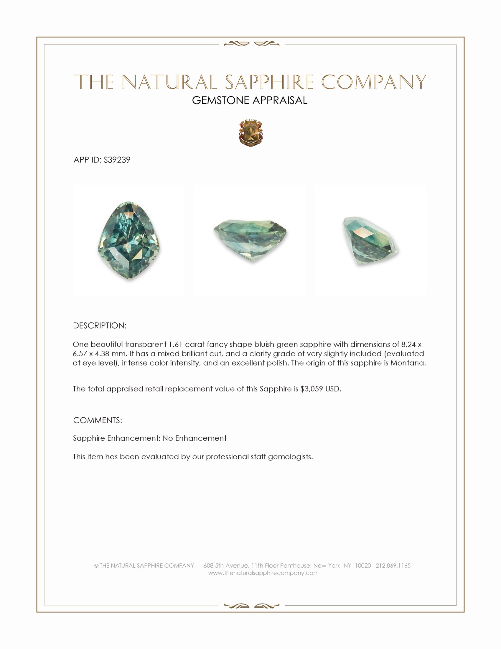 1.61 Ct. Bluish Green Sapphire from Montana