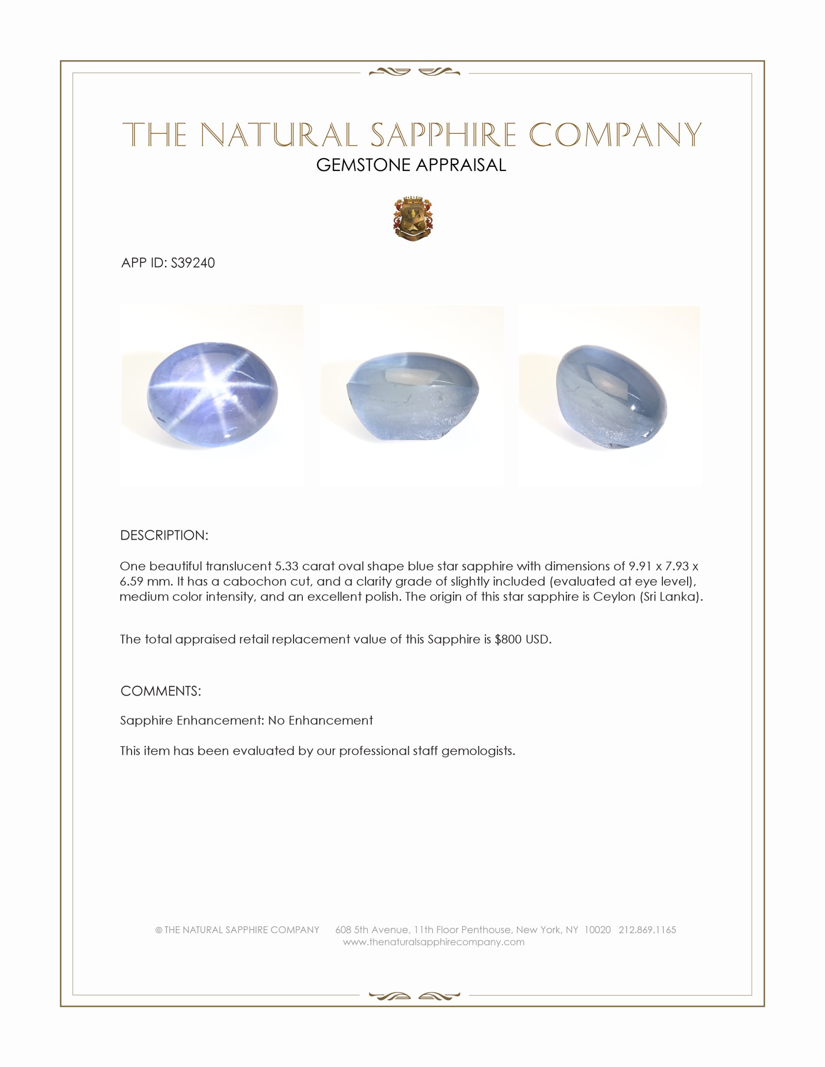 5.33 Ct. Blue Star Sapphire from Ceylon (Sri Lanka)