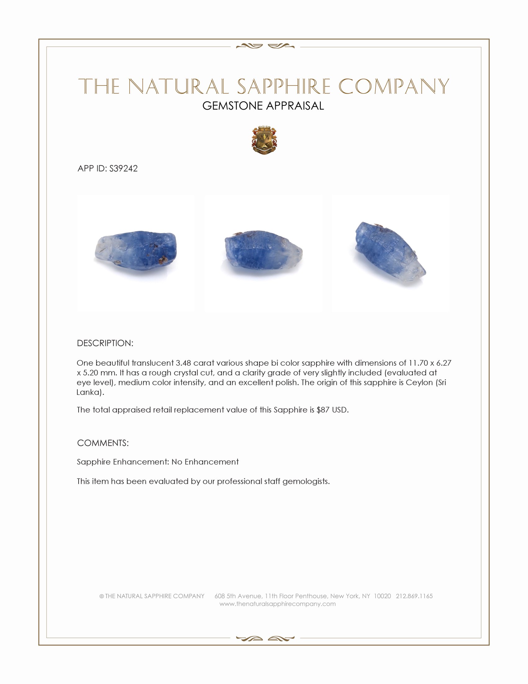 3.48 Ct. Bi Color Sapphire Crystal from Ceylon (Sri Lanka)