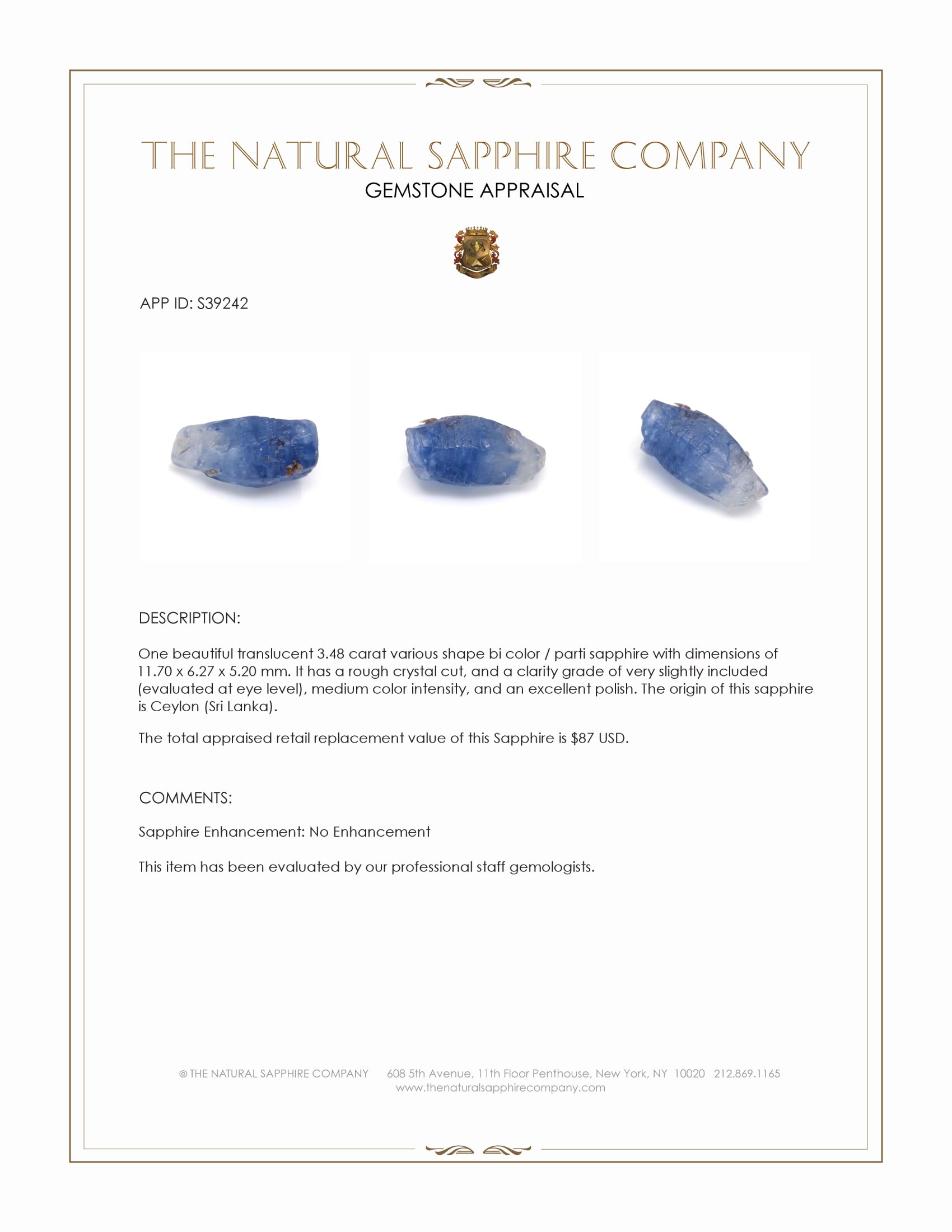 3.48 Ct. Bi Color / Parti Sapphire Crystal from Ceylon (Sri Lanka)