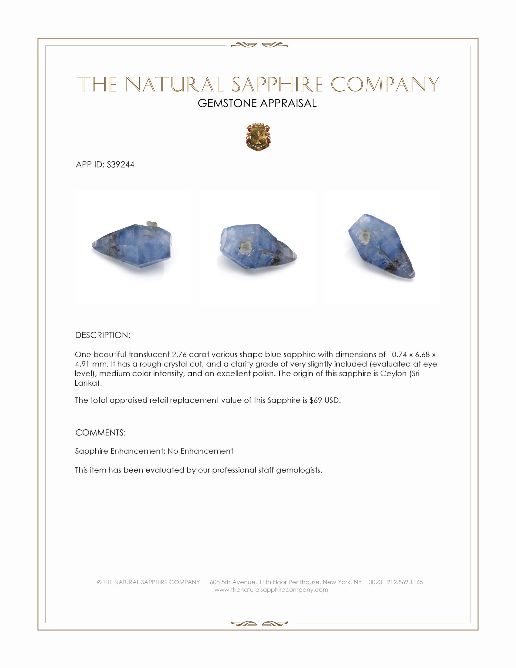 2.76 Ct. Blue Sapphire Crystal from Ceylon (Sri Lanka)