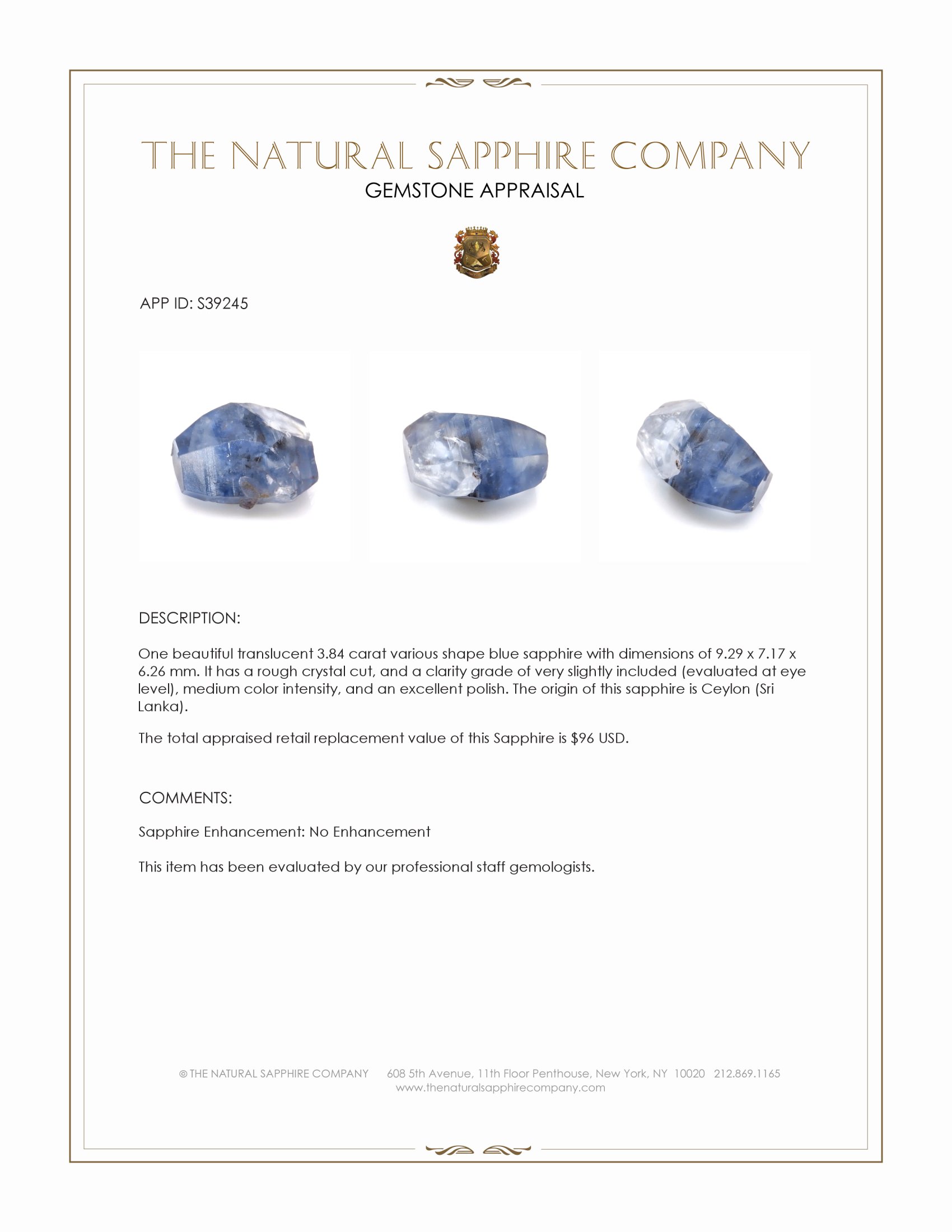 3.84 Ct. Blue Sapphire Crystal from Ceylon (Sri Lanka)