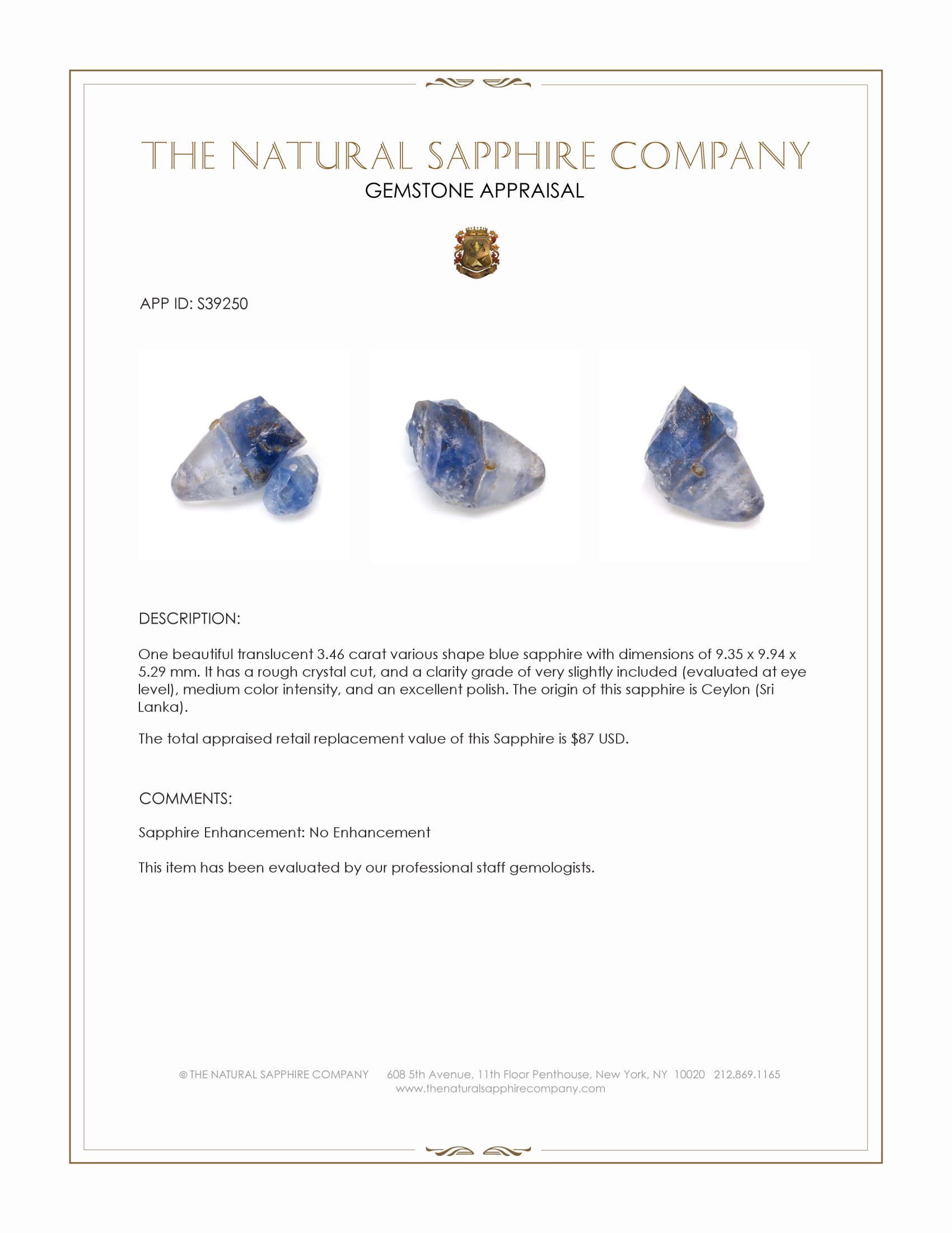 3.46 Ct. Blue Sapphire Crystal from Ceylon (Sri Lanka)