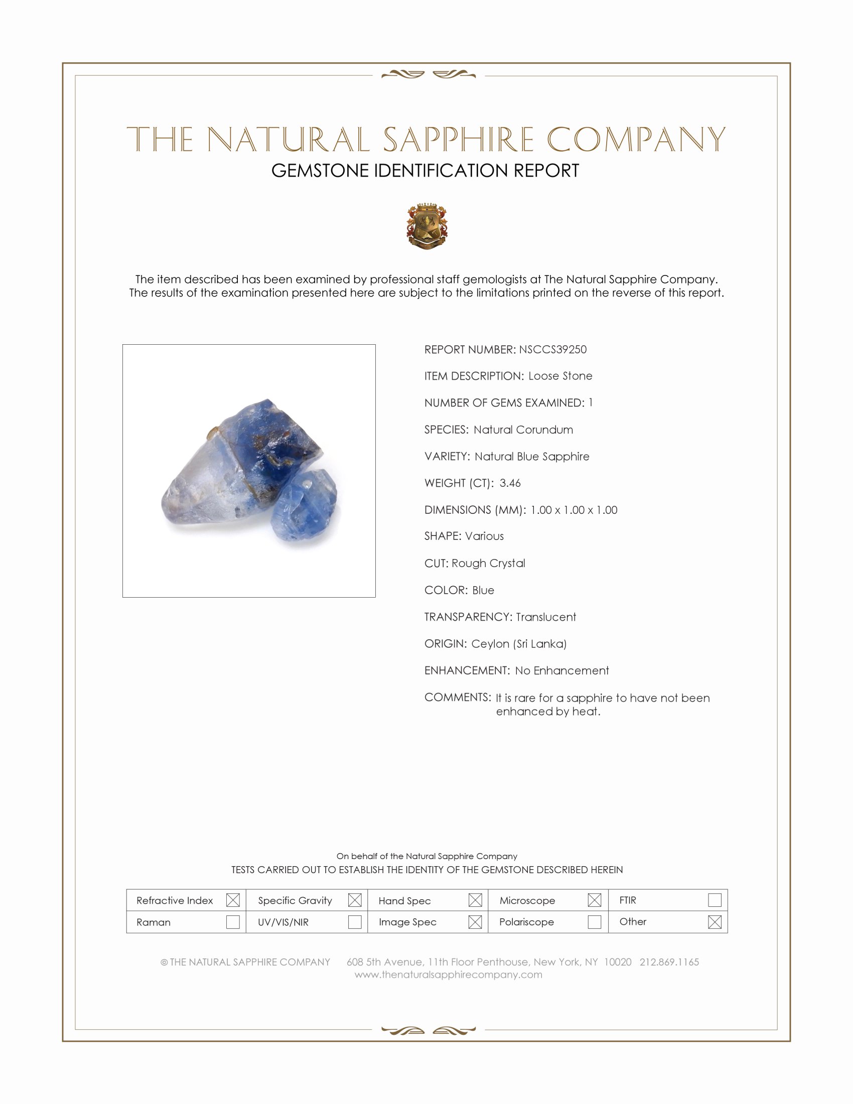 3.46 Ct. Blue Sapphire Crystal from Ceylon (Sri Lanka)