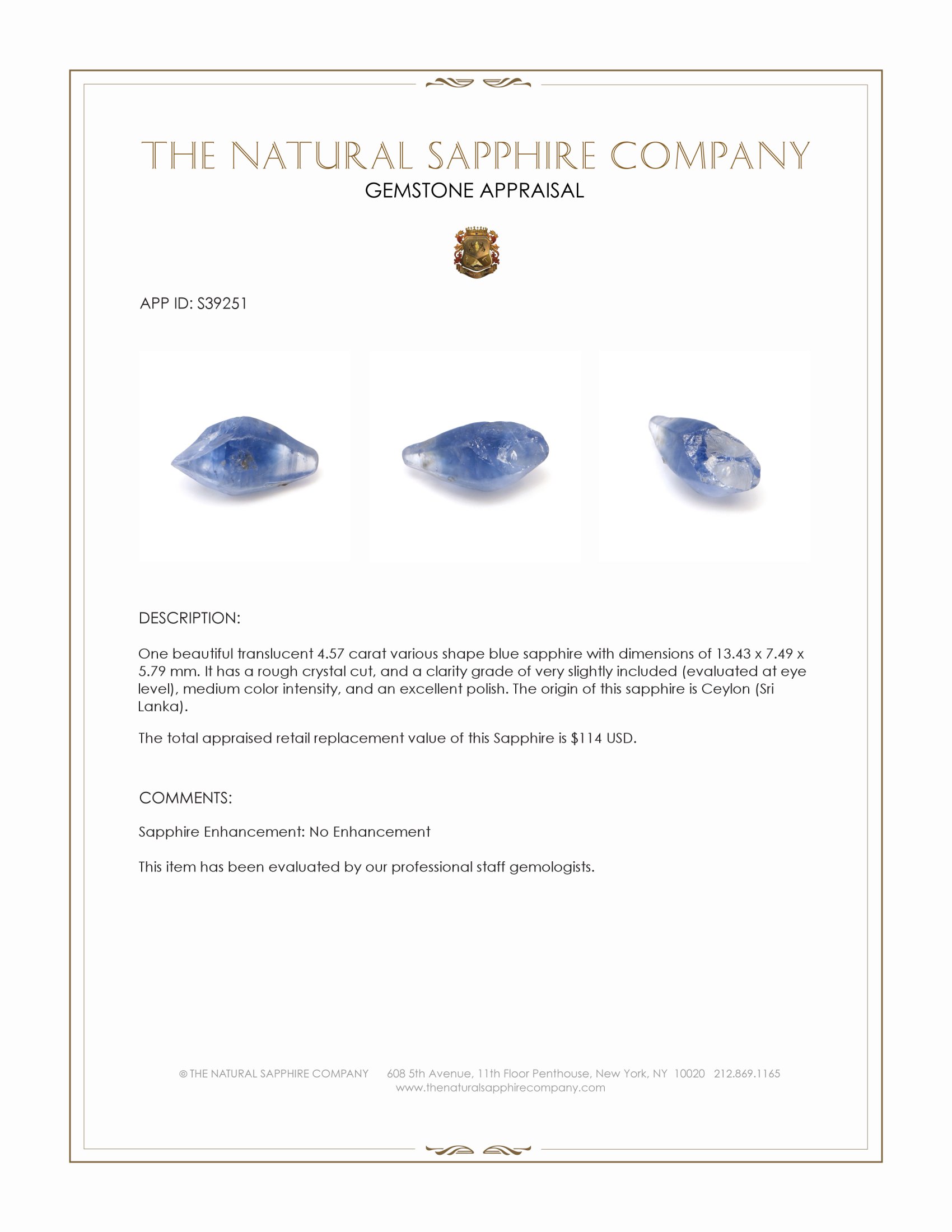 4.57 Ct. Blue Sapphire from Ceylon (Sri Lanka)