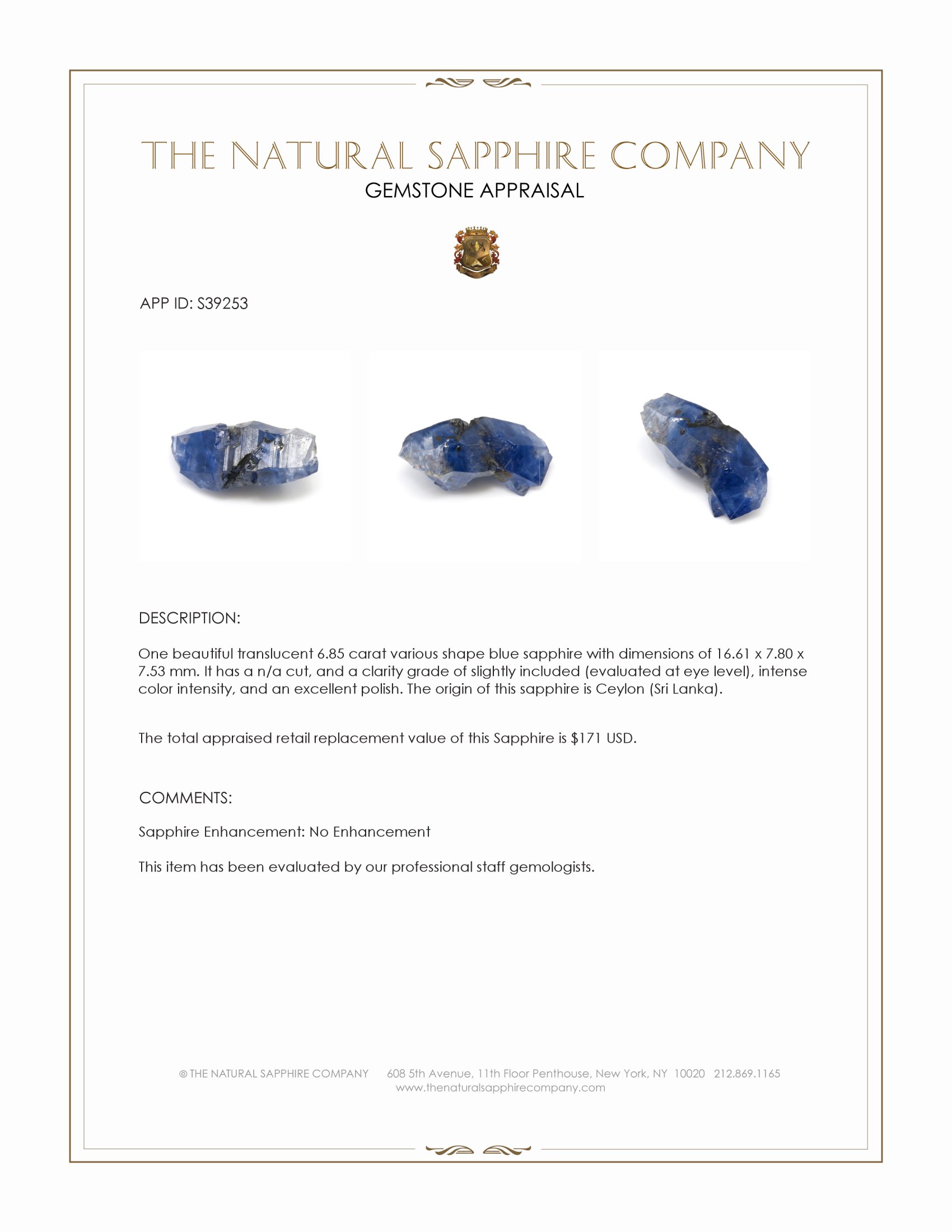 6.85 Ct. Blue Sapphire Crystal from Ceylon (Sri Lanka)