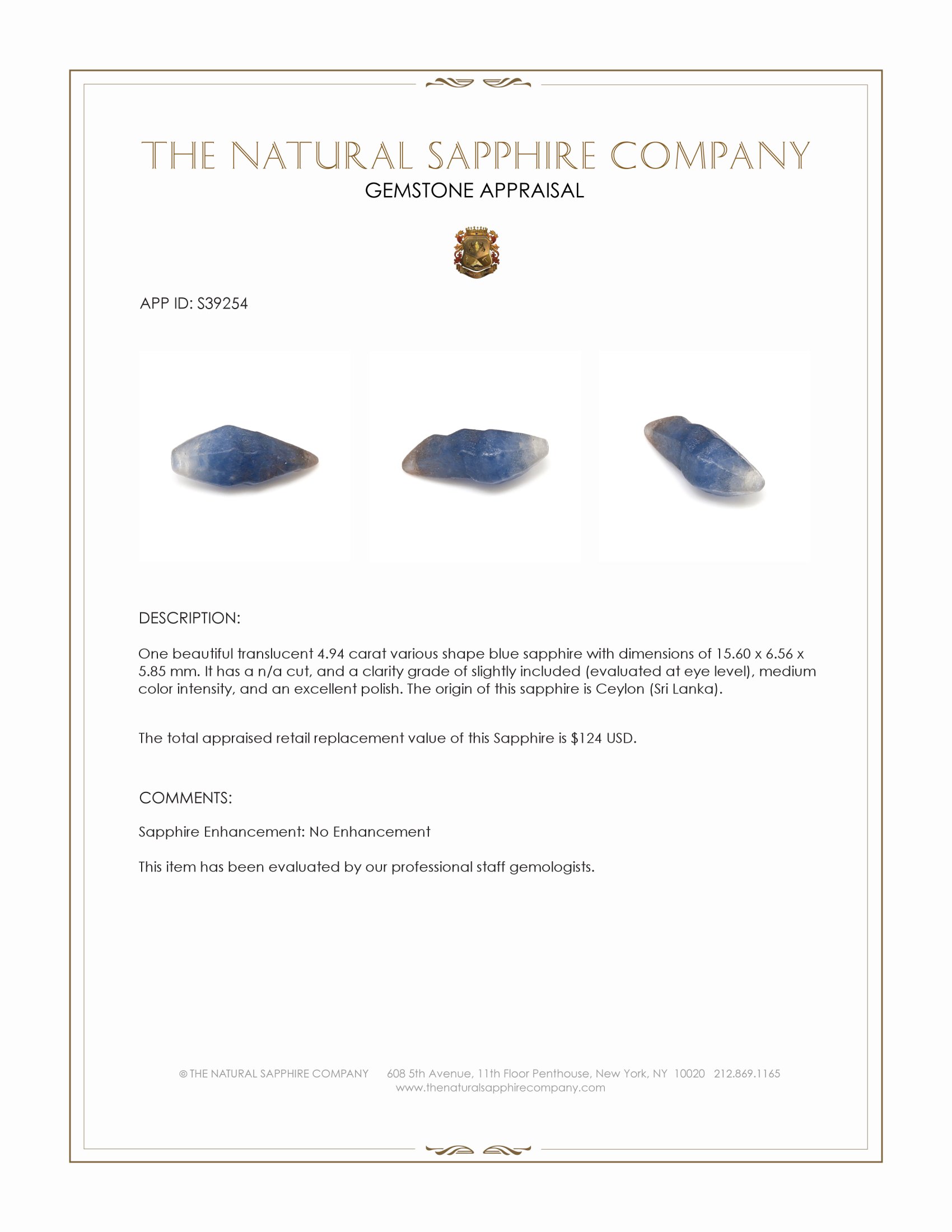4.94 Ct. Blue Sapphire Crystal from Ceylon (Sri Lanka)