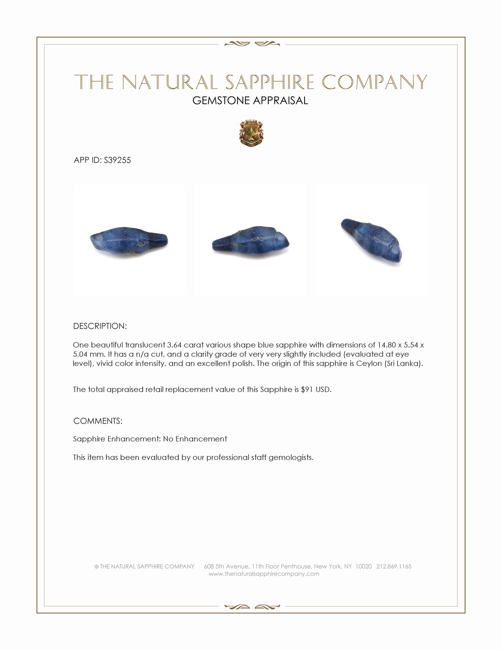 3.64 Ct. Blue Sapphire Crystal from Ceylon (Sri Lanka)