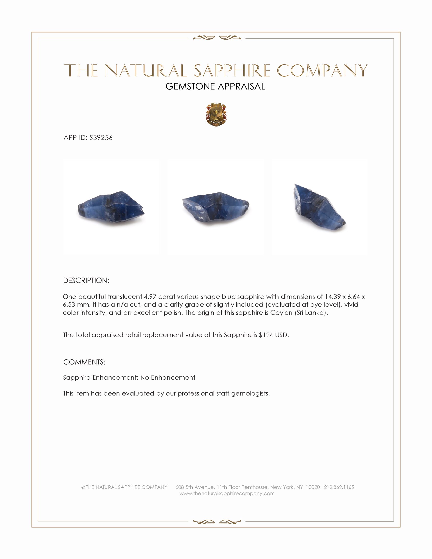 4.97 Ct. Blue Sapphire Crystal from Ceylon (Sri Lanka)