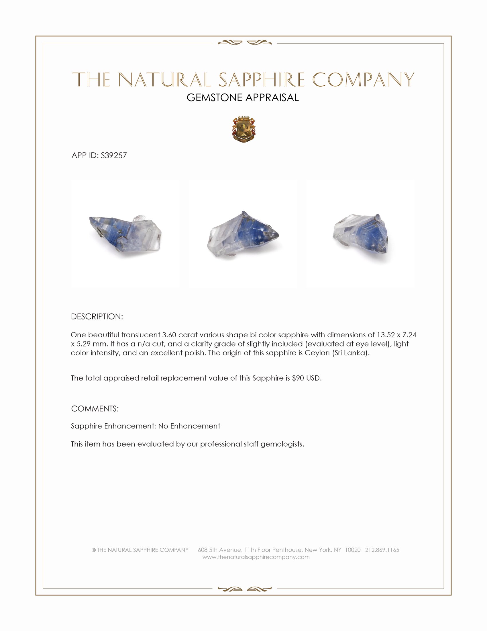 3.60 Ct. Bi Color Sapphire Crystal from Ceylon (Sri Lanka)