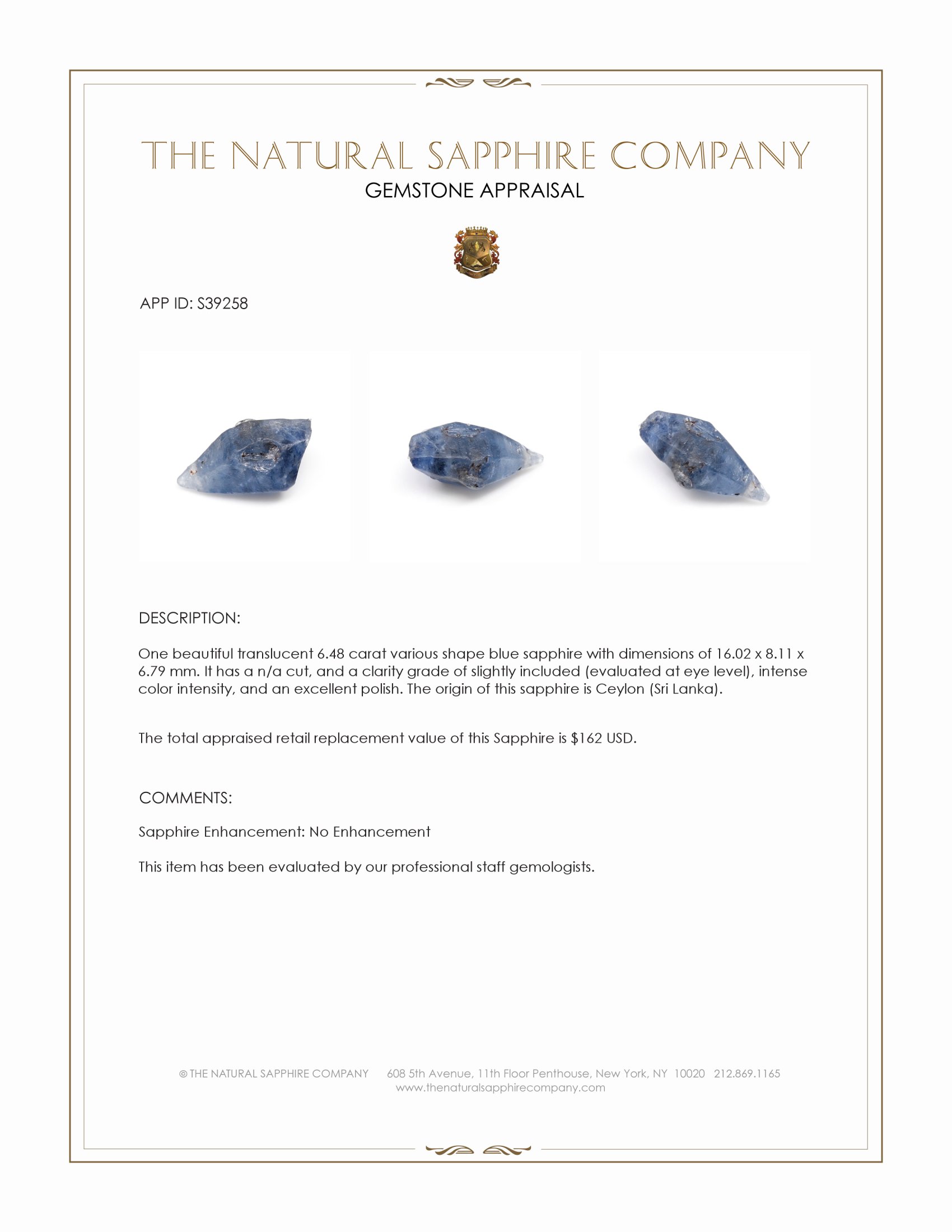6.48 Ct. Blue Sapphire Crystal from Ceylon (Sri Lanka)