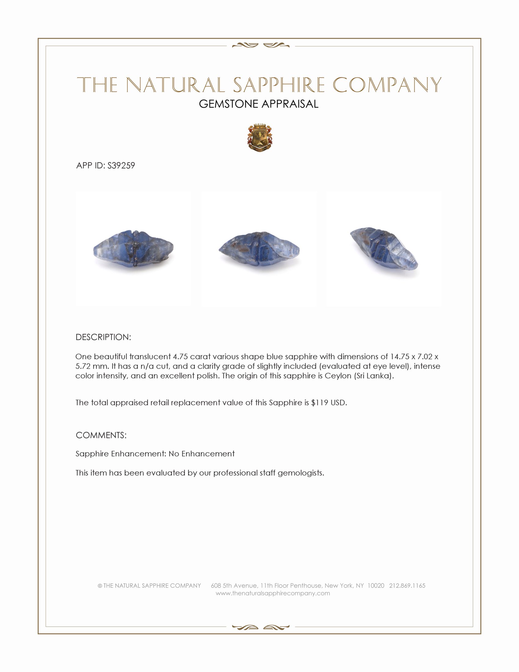 4.75 Ct. Blue Sapphire Crystal from Ceylon (Sri Lanka)